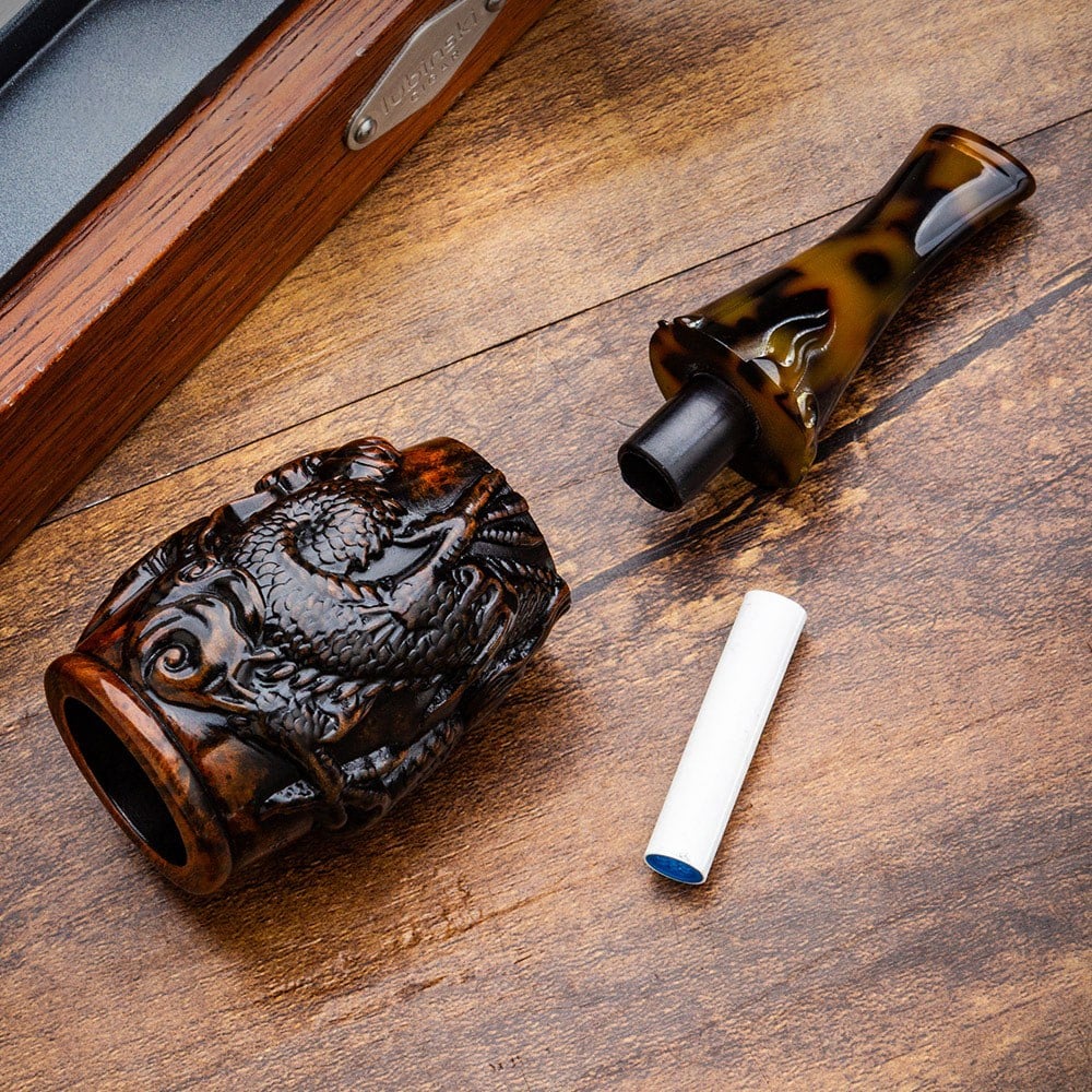 Lubinski Yeni 4 Boy Kullanım Briar Puro Ağızlığı 9mm Filtreli Carved Dragon Brown (38-57 Ring)