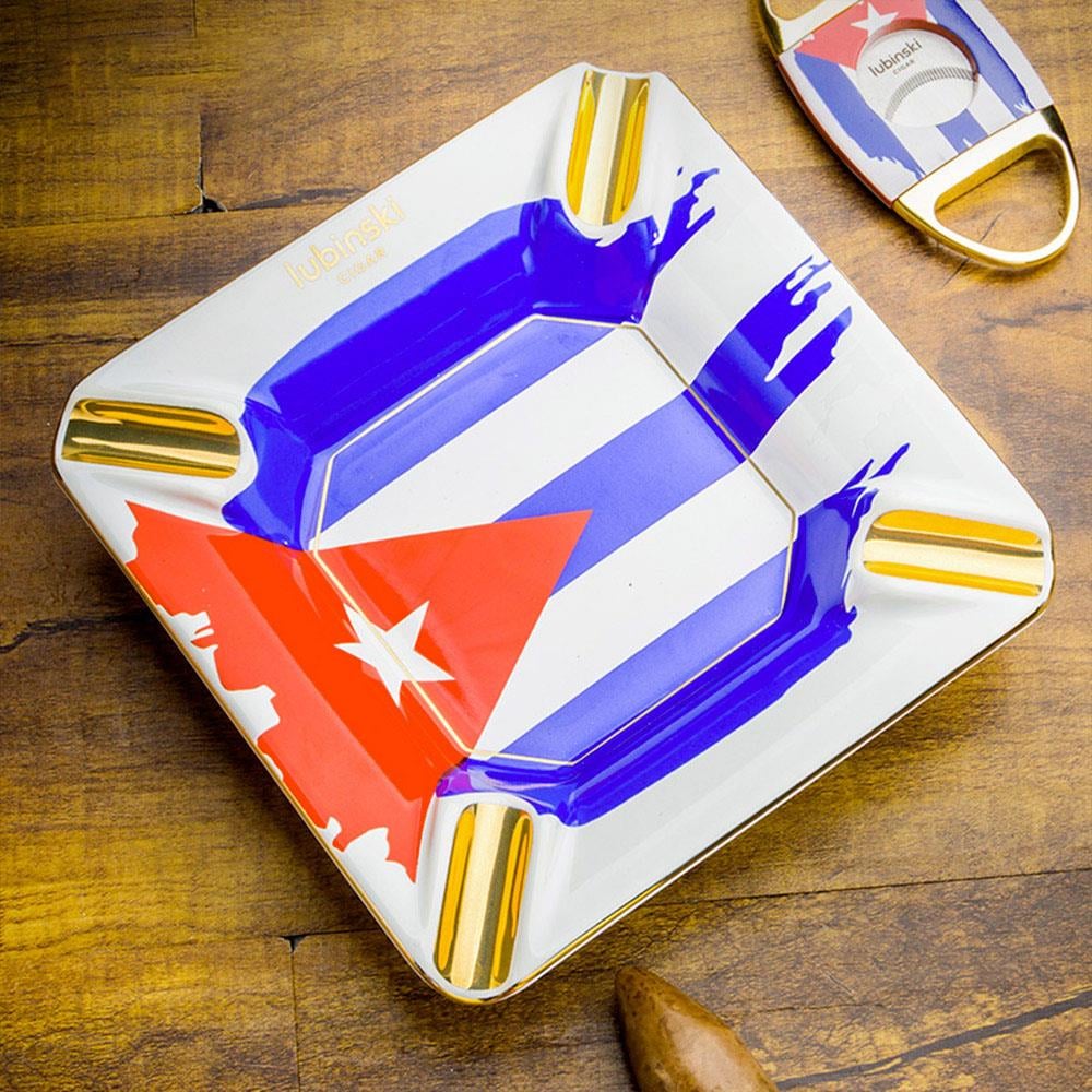 Lubinski Yeni Seri Cuban Flag Design Üçlü Puro Seti Çakmak+Kesici+Küllük