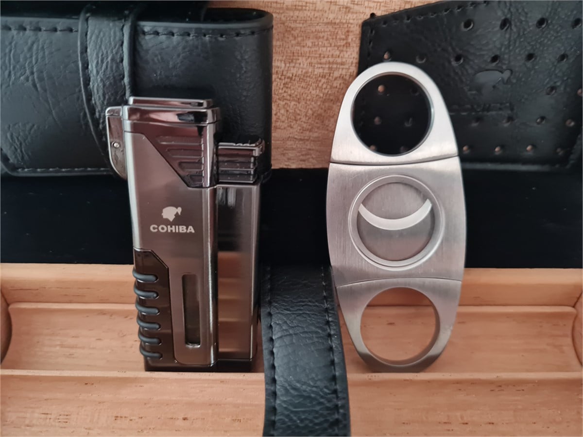 Cohiba Deri Seyahat Puro Taşıma Kutusu Çakmak Kesici Set Siyah