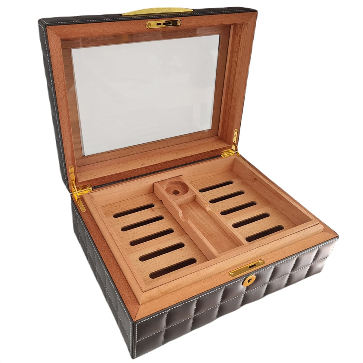 Lubinski Deri Camlı Humidor Puro Kutusu Gri 50s