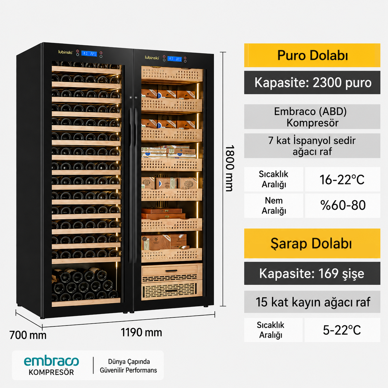 Lubinski Kombine Elektronik Çift Kabin Şarap ve Puro Dolabı 1800