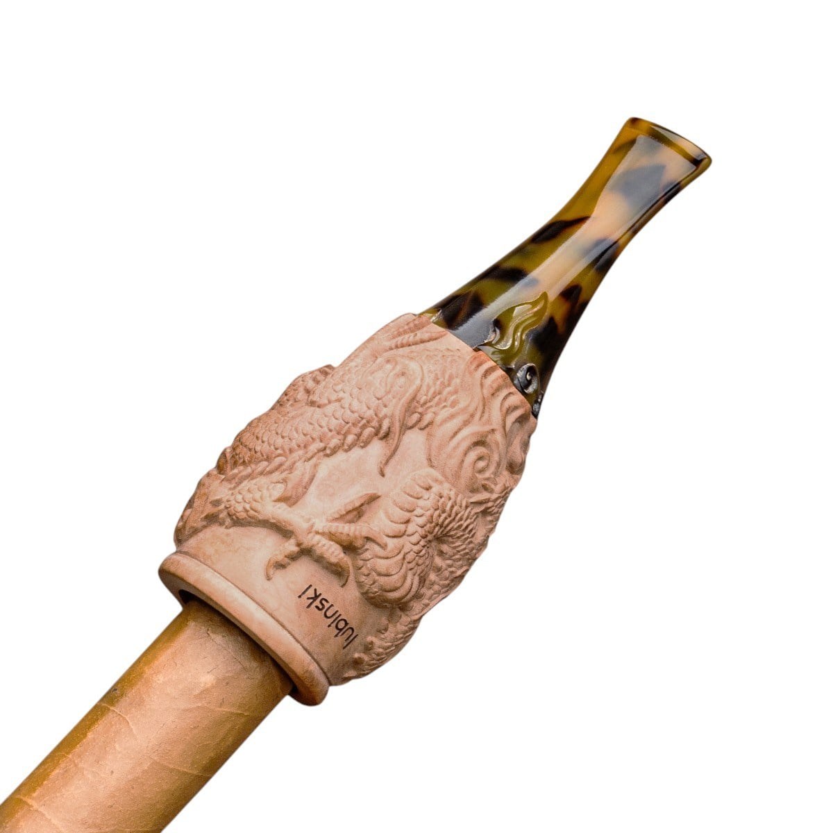 Lubinski Yeni 4 Boy Kullanım Briar Puro Ağızlığı 9mm Filtreli Carved Dragon Brown (38-57 Ring)