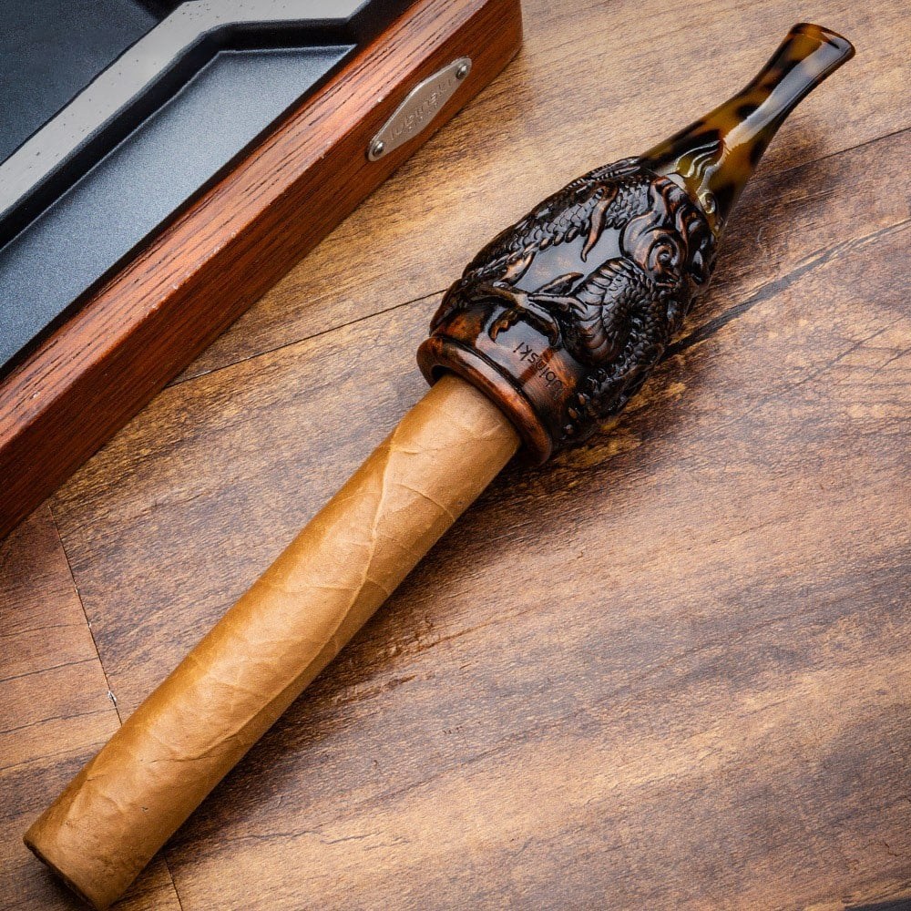 Lubinski Yeni 4 Boy Kullanım Briar Puro Ağızlığı 9mm Filtreli Carved Dragon Brown (38-57 Ring)
