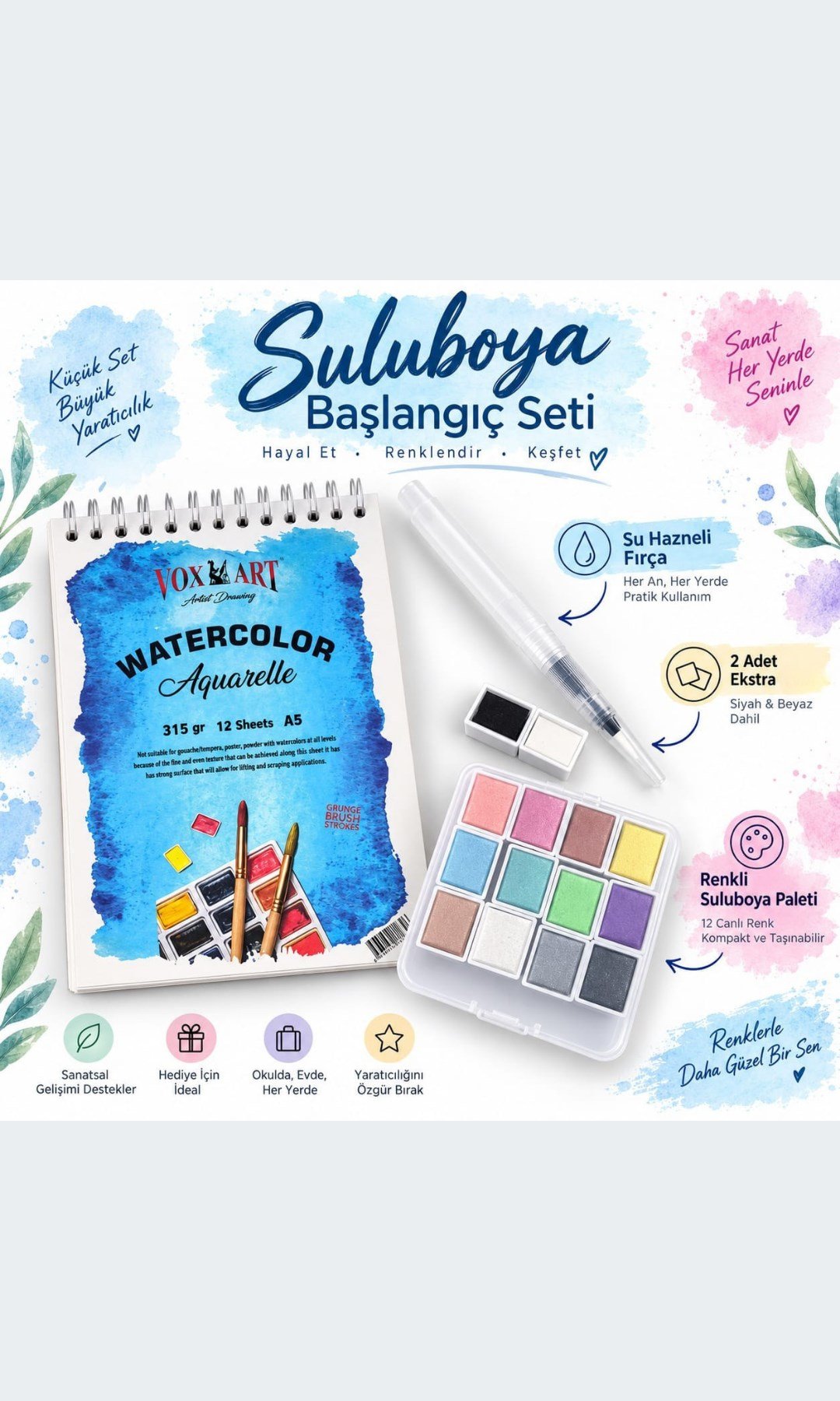 16 Parça Sulu Boya Seti - 14 Renk Tablet Boya+A6 Defter(10*15cm) ve Su Hazneli Fırça Hediyeli. Seyahat Tipi Set