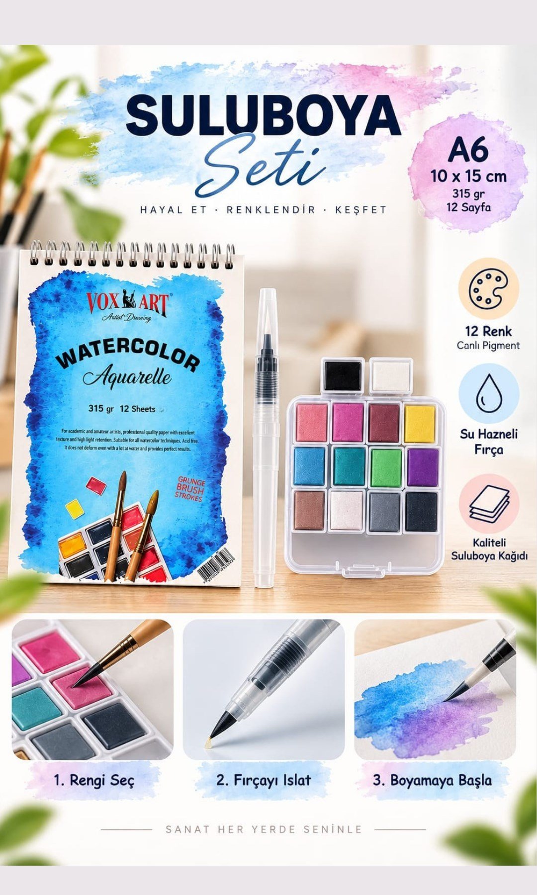 16 Parça Sulu Boya Seti - 14 Renk Tablet Boya+A6 Defter(10*15cm) ve Su Hazneli Fırça Hediyeli. Seyahat Tipi Set