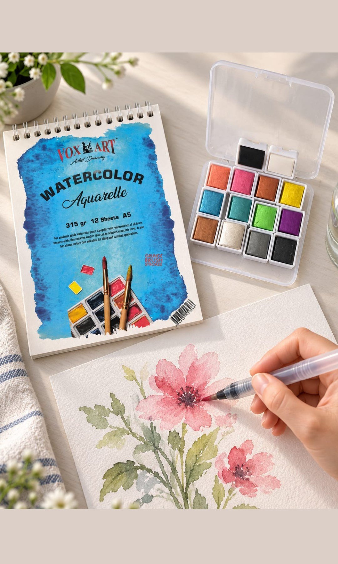 16 Parça Sulu Boya Seti - 14 Renk Tablet Boya+A6 Defter(10*15cm) ve Su Hazneli Fırça Hediyeli. Seyahat Tipi Set