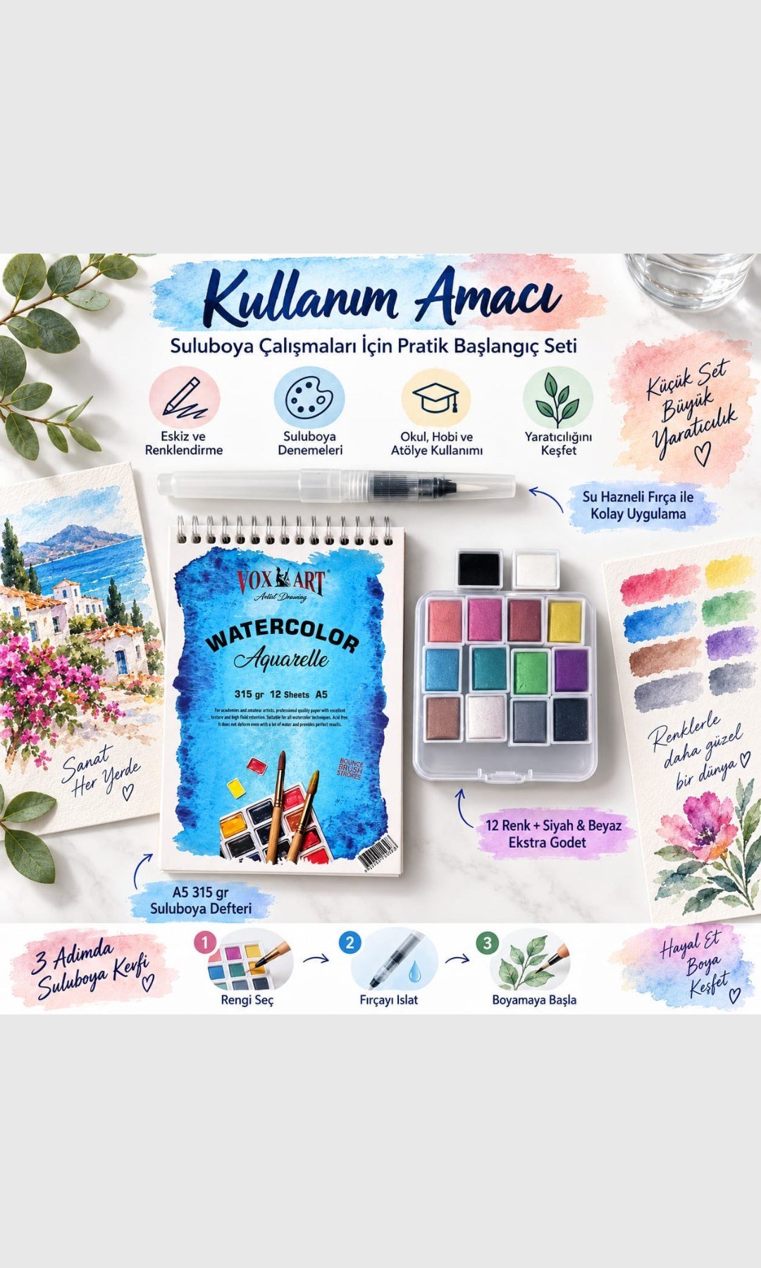 16 Parça Sulu Boya Seti - 14 Renk Tablet Boya+A6 Defter(10*15cm) ve Su Hazneli Fırça Hediyeli. Seyahat Tipi Set