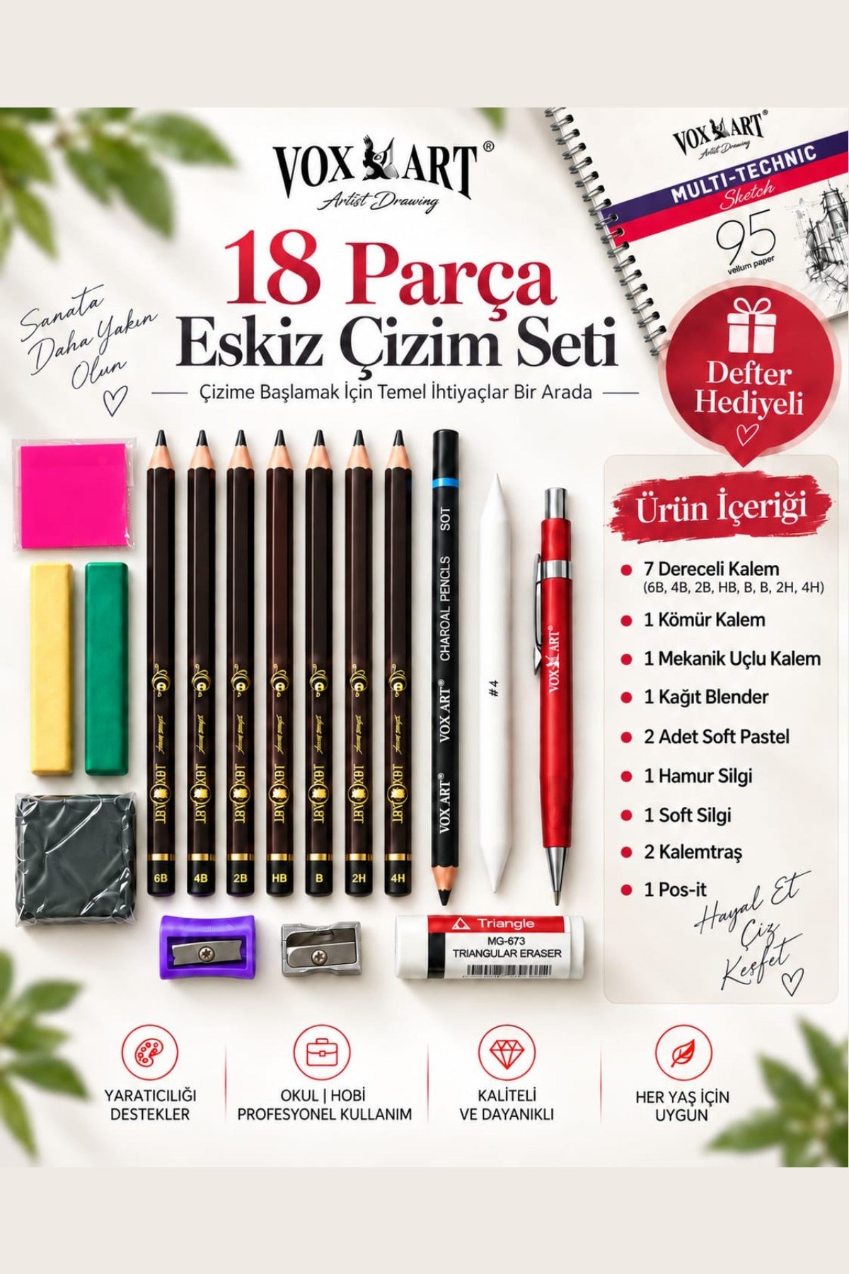 18'li Eskiz Çizim Kalem Seti (Defter Hediyeli) Artist Seviye