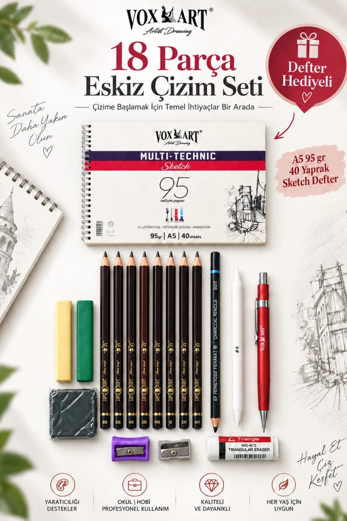 18'li Eskiz Çizim Kalem Seti (Defter Hediyeli) Artist Seviye
