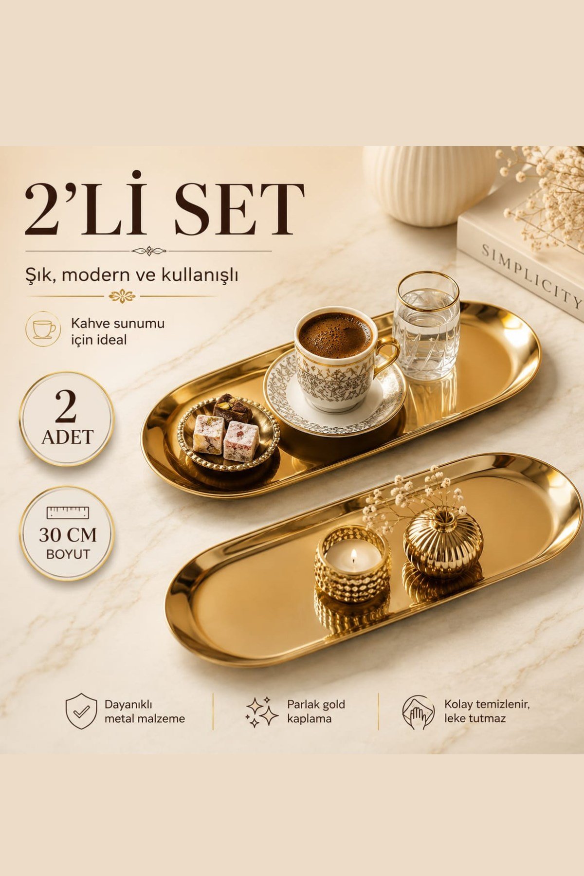 2'li Dekoratif Sunum Tepsisi 30 cm (Gold)