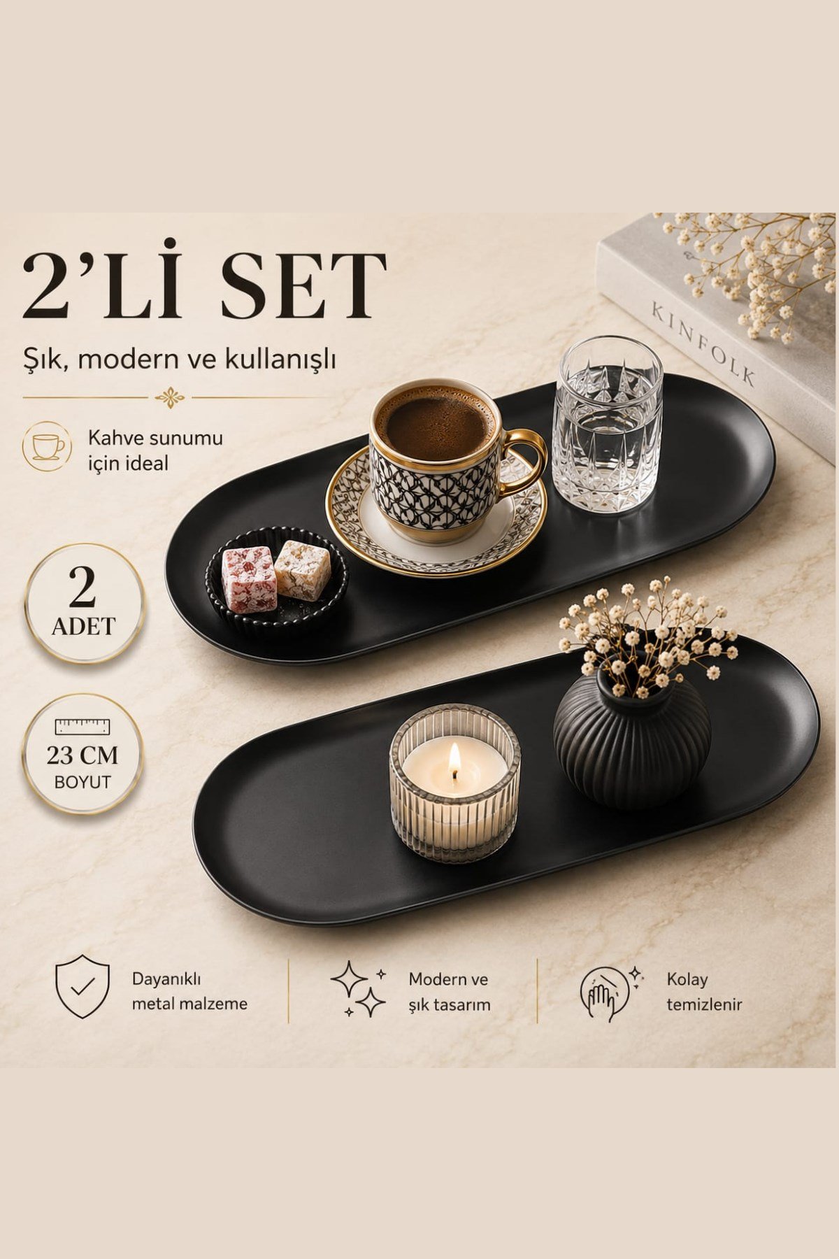 2'li Siyah Dekoratif Sunum Tepsisi 23 cm