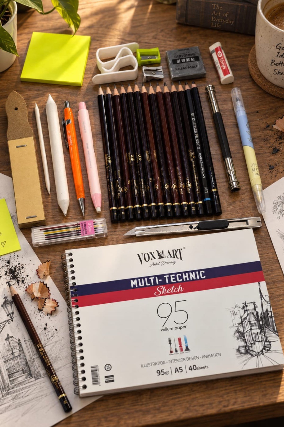 32'li Eskiz Çizim Kalem Seti (Artist Kalite Dereceli Kurşun Kalemler) Rulo Kalemlik ve Defter Hediyeli