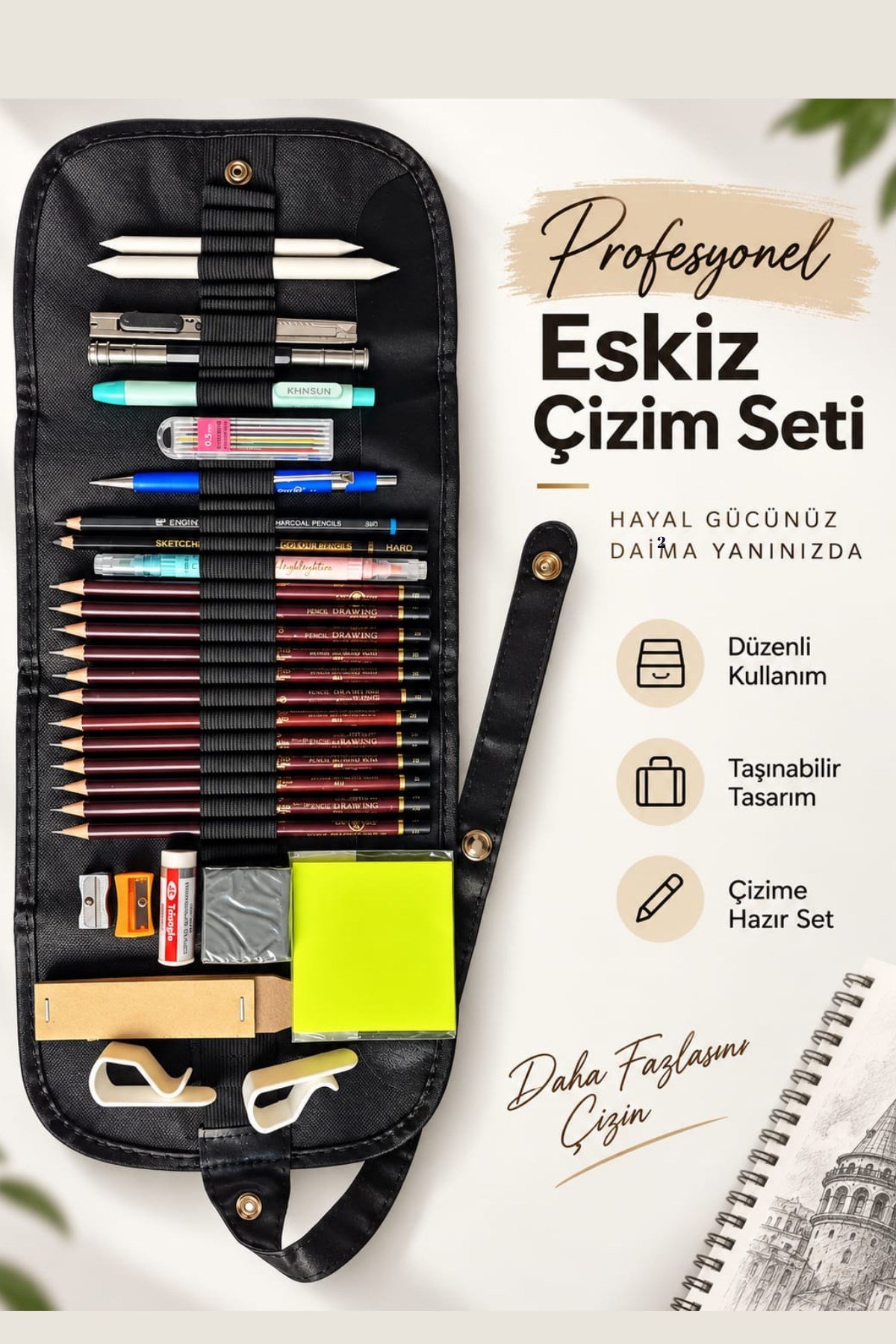 32'li Eskiz Çizim Kalem Seti (Artist Kalite Dereceli Kurşun Kalemler) Rulo Kalemlik ve Defter Hediyeli