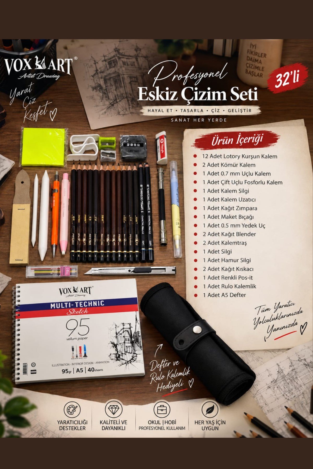 32'li Eskiz Çizim Kalem Seti (Artist Kalite Dereceli Kurşun Kalemler) Rulo Kalemlik ve Defter Hediyeli