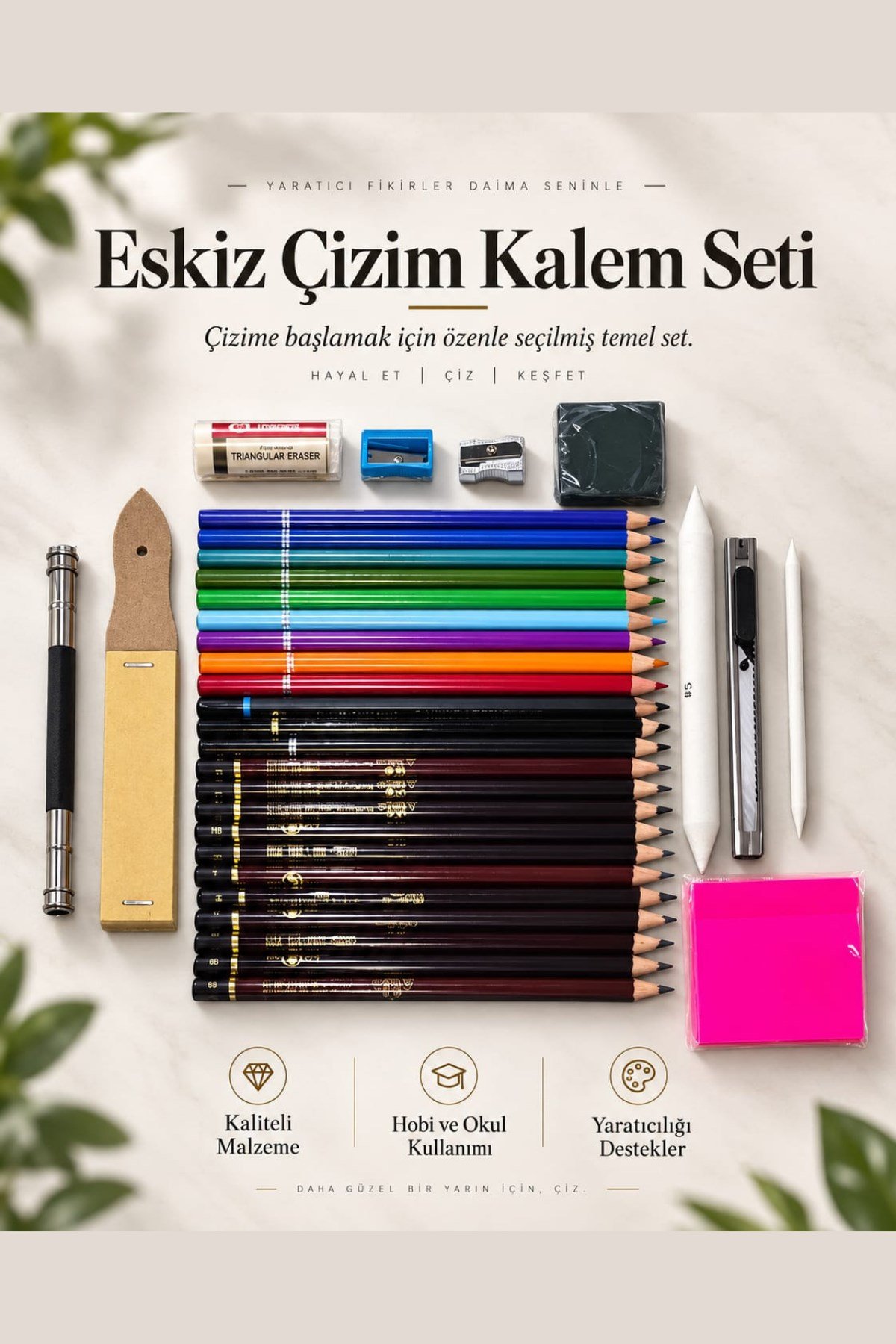 36'lı Eskiz Çizim Kalem Seti (Artist Kalite Dereceli ve Renkli Kalemler) Rulo Kalemlik ve Defter Hediyeli