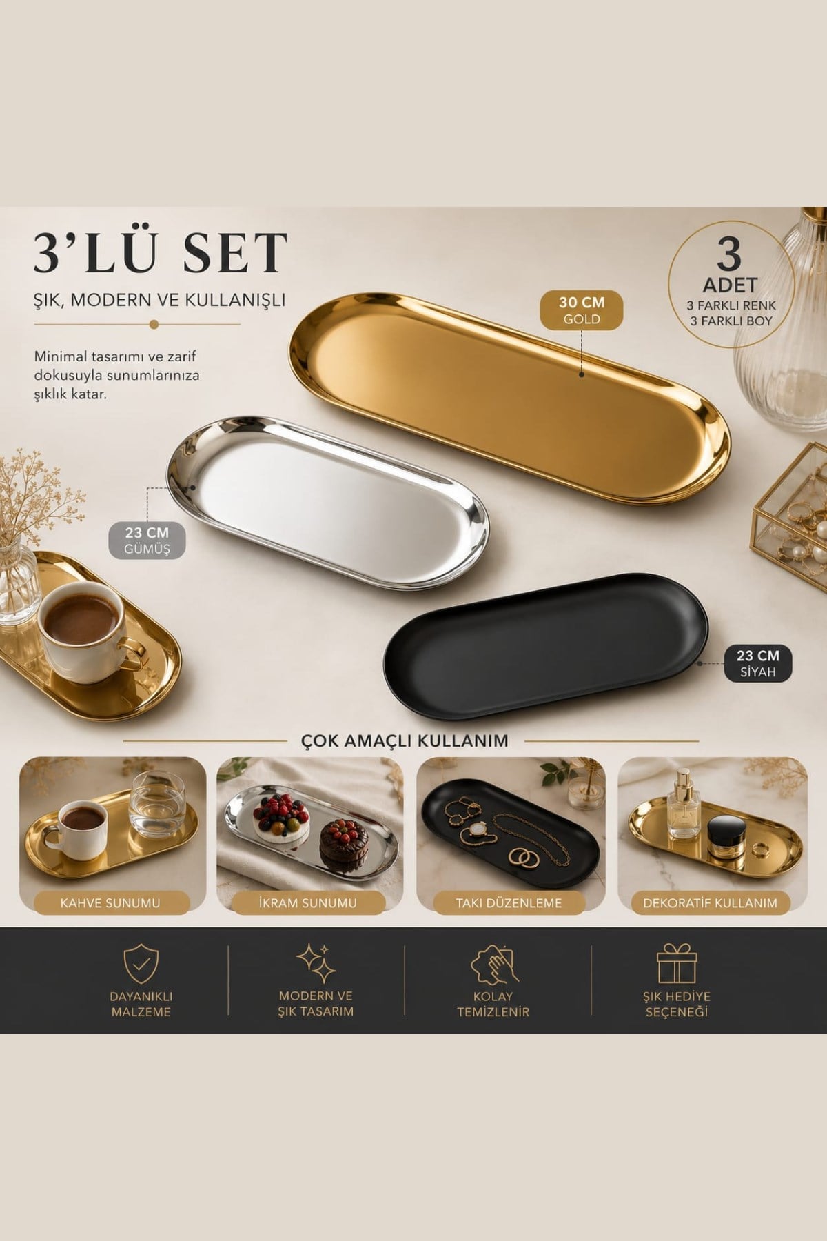 3'lü Dekoratif Sunum Tepsisi Gold-Siyah-Gümüş  (30+23+23cm)