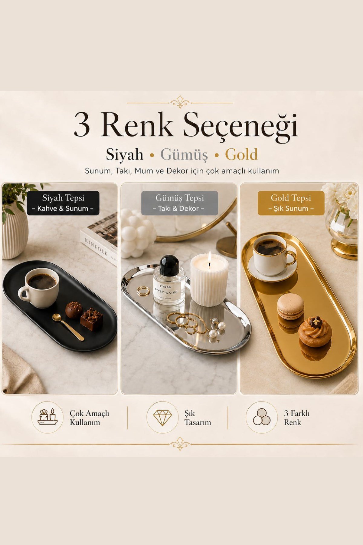 3'lü Dekoratif Sunum Tepsisi Gold-Siyah-Gümüş  (30+23+23cm)