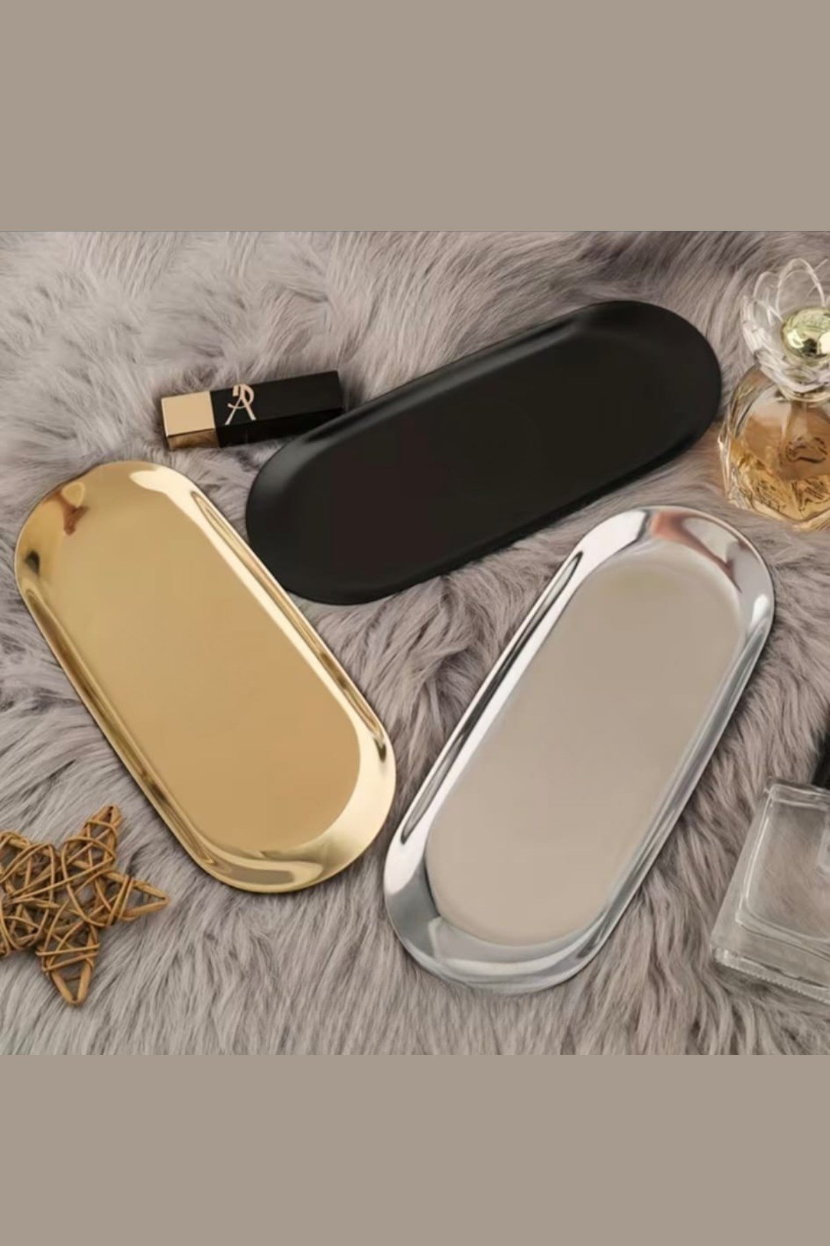 3'lü Dekoratif Sunum Tepsisi Gold-Siyah-Gümüş  (30+23+23cm)