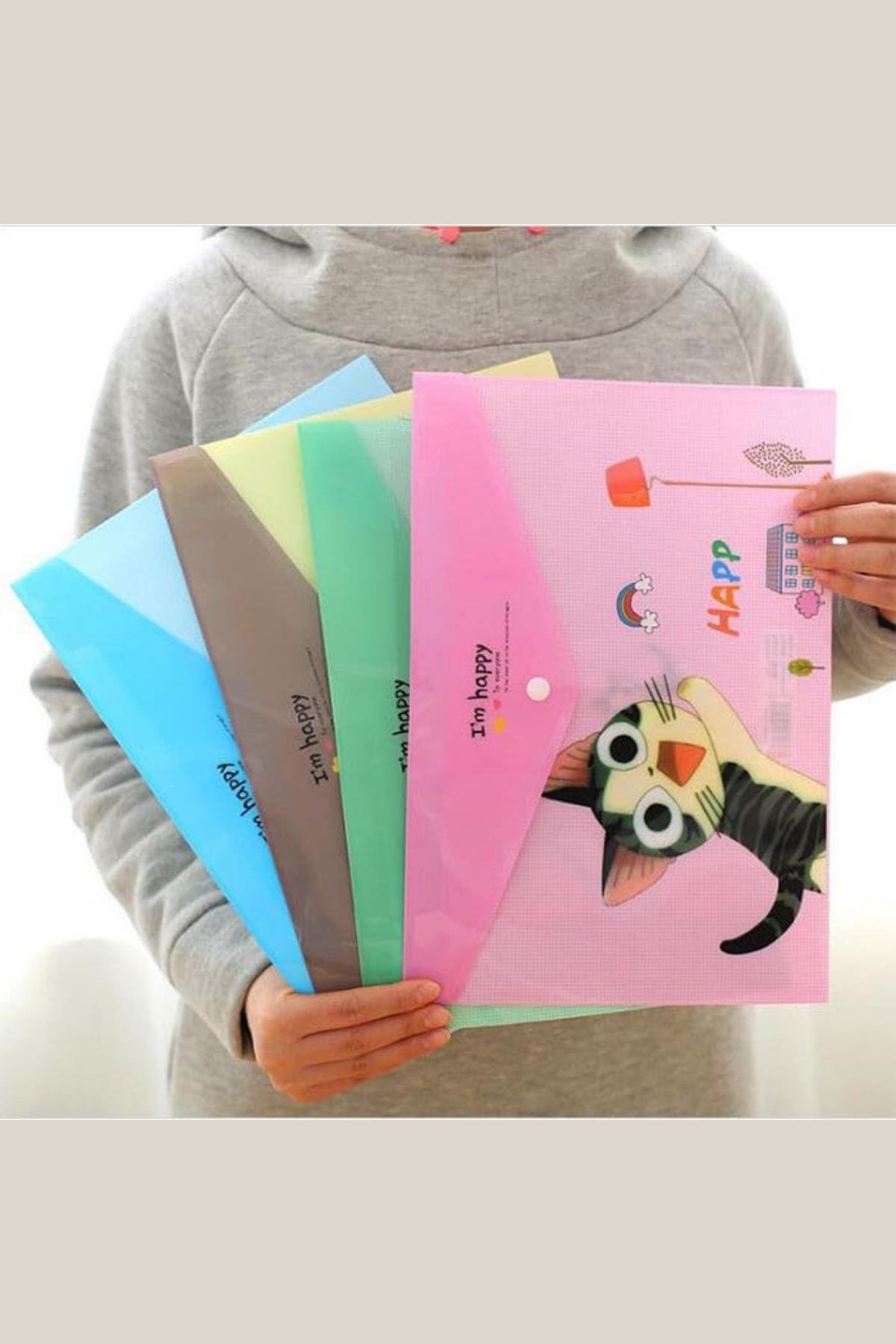 4'lü Sevimli Kedi Desenli Çıtçıtlı Dosya (A4) Renkli Transparan Plastik