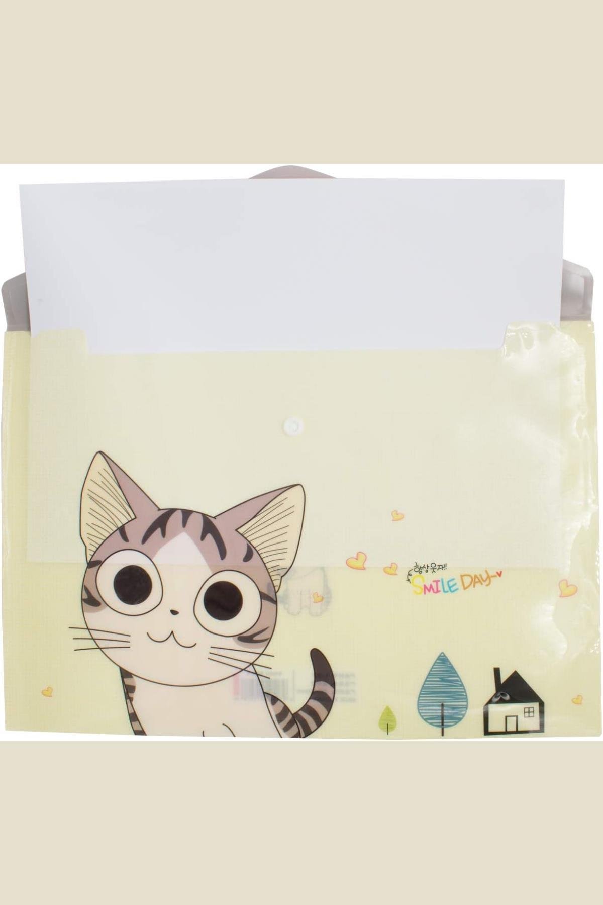 4'lü Sevimli Kedi Desenli Çıtçıtlı Dosya (A4) Renkli Transparan Plastik