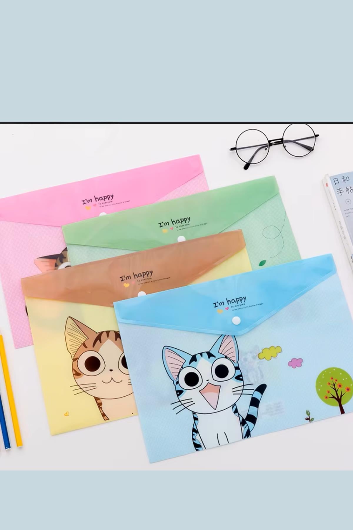 4'lü Sevimli Kedi Desenli Çıtçıtlı Dosya (A4) Renkli Transparan Plastik