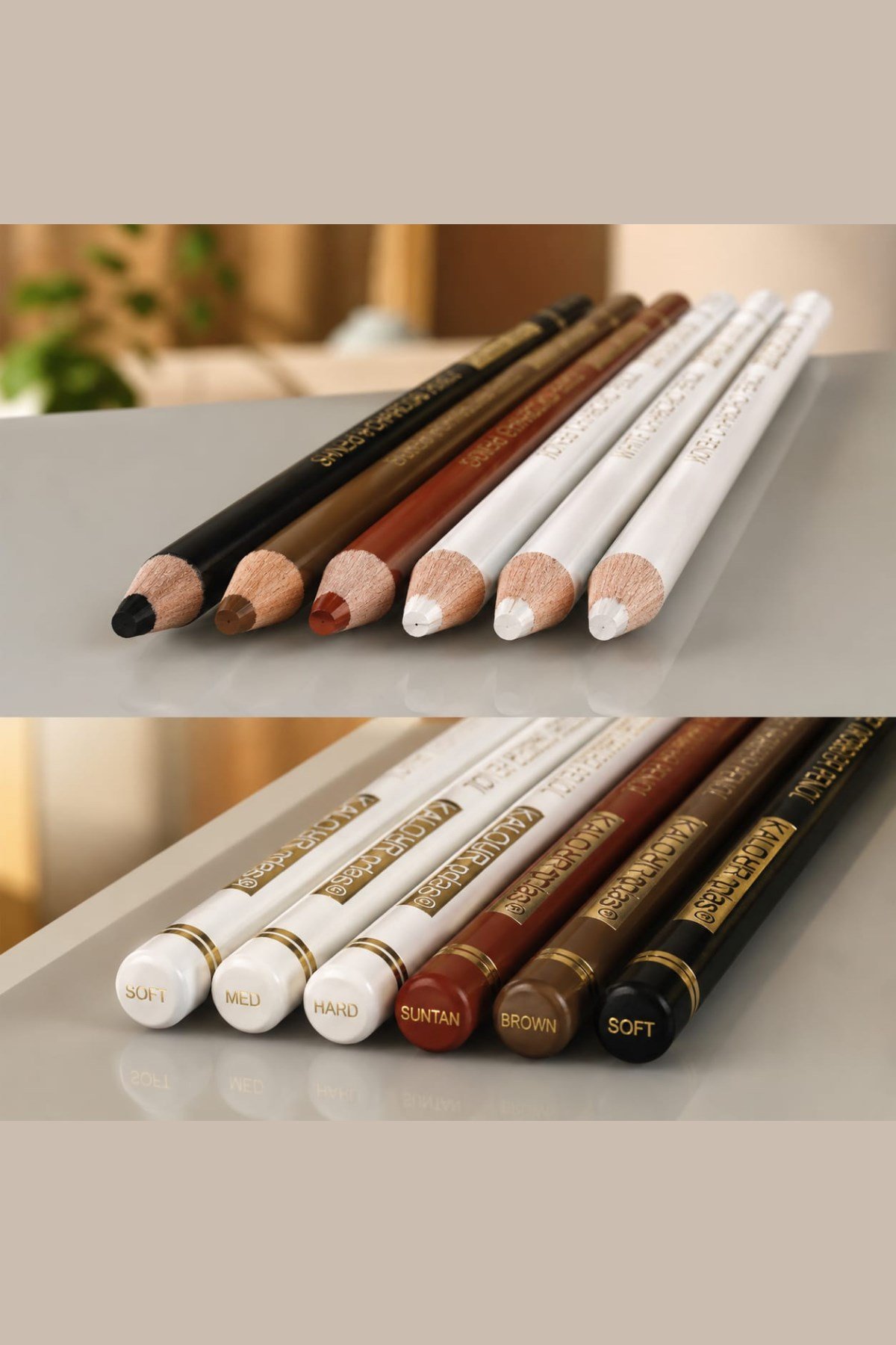 6'lı Charcoal Kömür Kalem Seti (3 ad.Beyaz Kömür Kalem + 3 Renk) Portre ve Çizim İçin