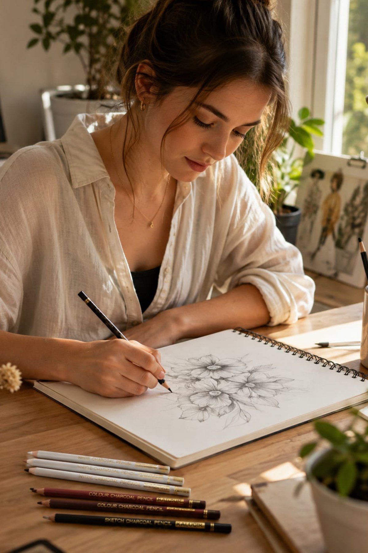 6'lı Charcoal Kömür Kalem Seti (3 ad.Beyaz Kömür Kalem + 3 Renk) Portre ve Çizim İçin