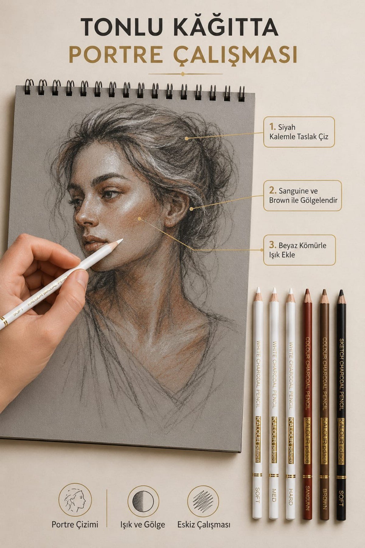 6'lı Charcoal Kömür Kalem Seti (3 ad.Beyaz Kömür Kalem + 3 Renk) Portre ve Çizim İçin