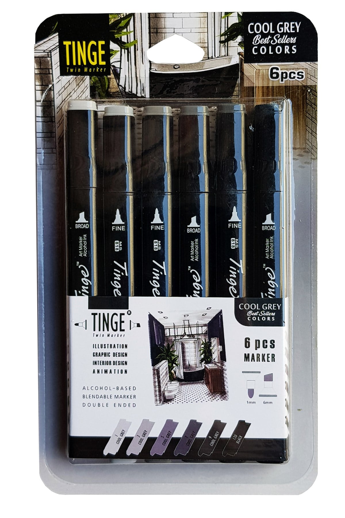 6'lı Tinge Çift Uçlu Marker Seti Cool Grey (MCG6)