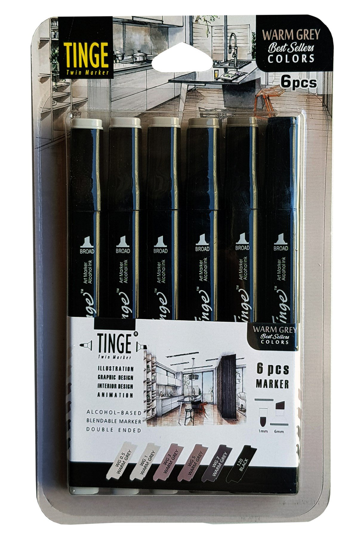 6'lı Tinge Çift Uçlu Marker Seti Warm Grey (MWG6)