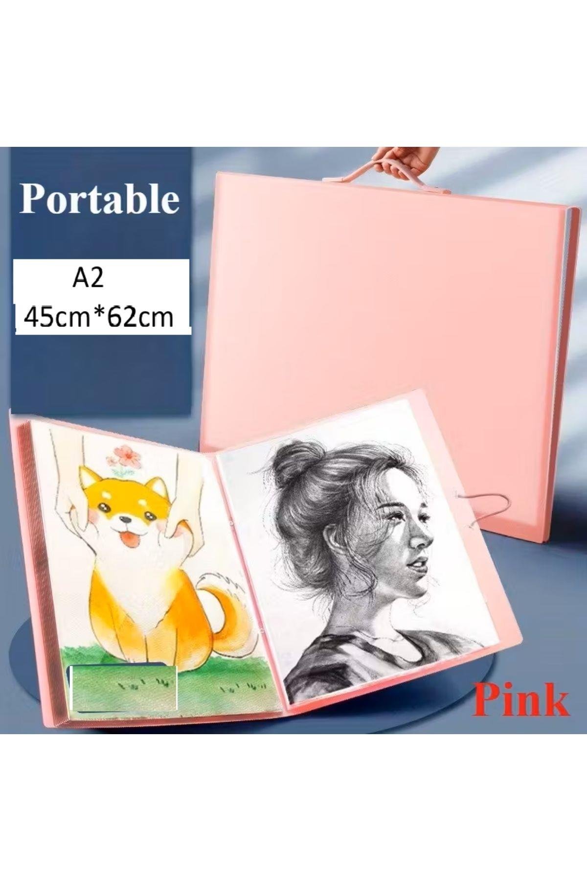 A2 Sunum Dosyası (35x50 uyumlu), Resim Çantası, 40 Cep-80 Kapasiteli, Pembe