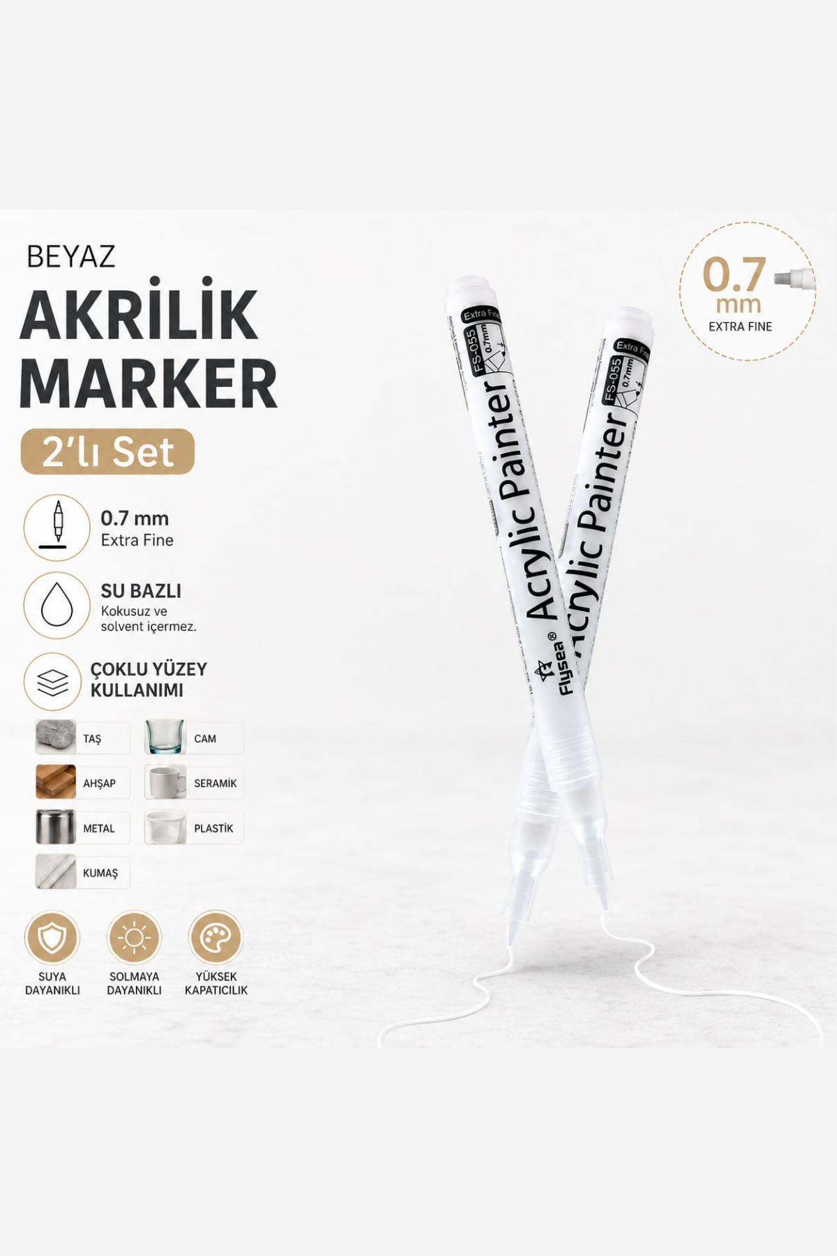 Beyaz Akrilik Kalem 2'li Set - Yazı Çizgi Genişliği: 0.7mm