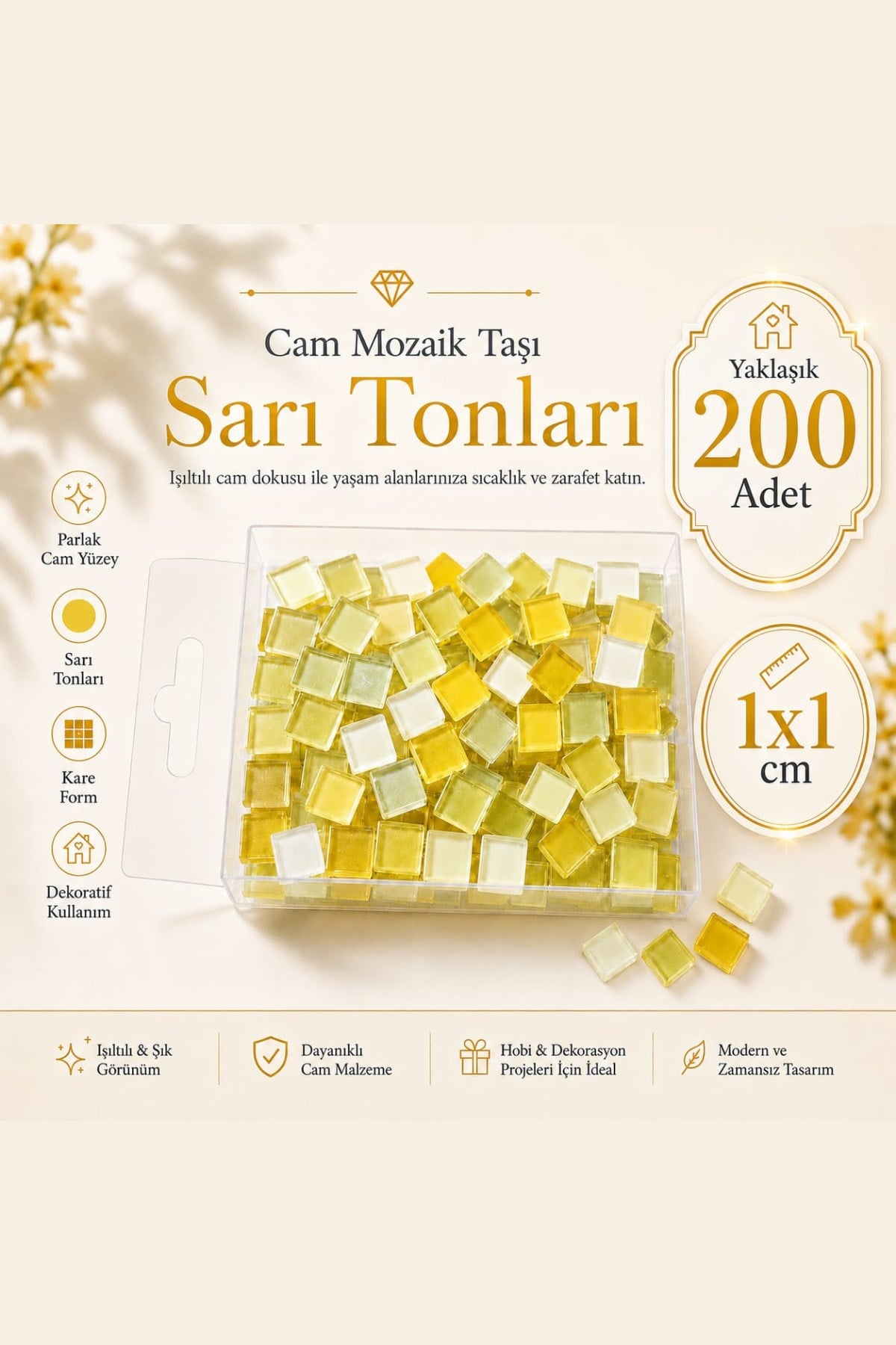 Cam Mozaik Taşı 1*1cm 200 Adet Karışık Renkler