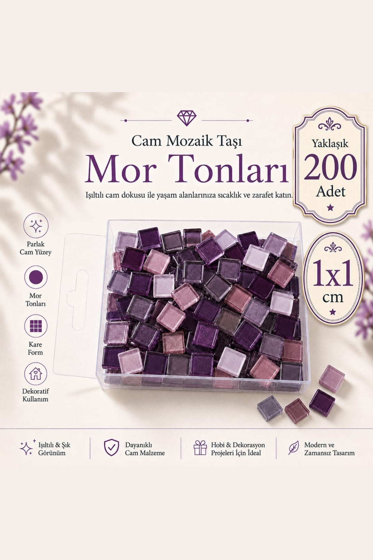 Cam Mozaik Taşı 1*1cm 200 Adet Karışık Renkler