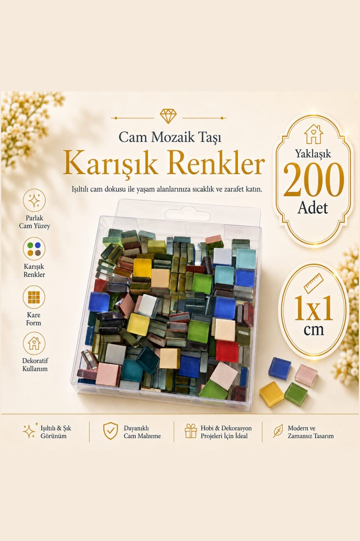 Cam Mozaik Taşı 1*1cm 200 Adet Karışık Renkler
