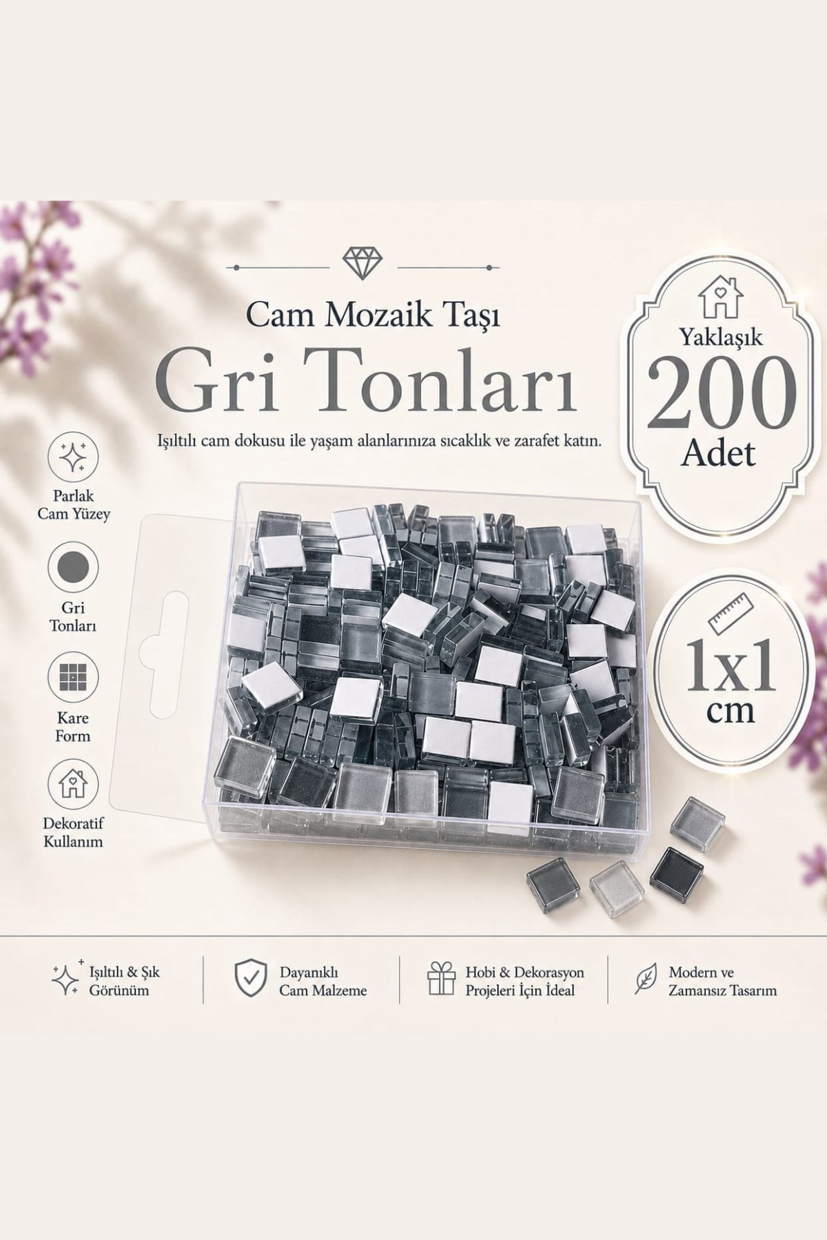 Cam Mozaik Taşı 1*1cm 200 Adet Karışık Renkler