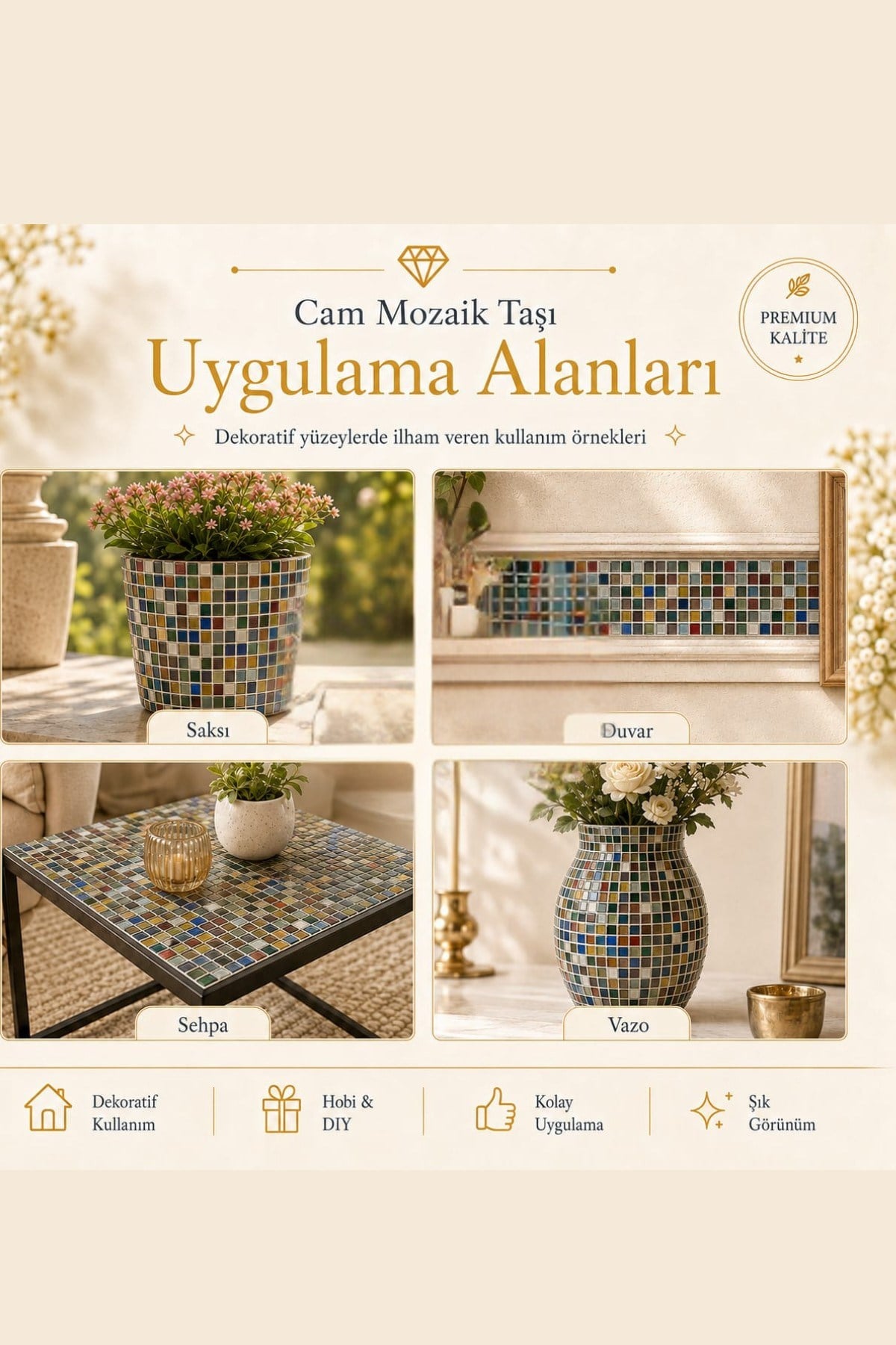 Cam Mozaik Taşı 1*1cm 200 Adet Karışık Renkler