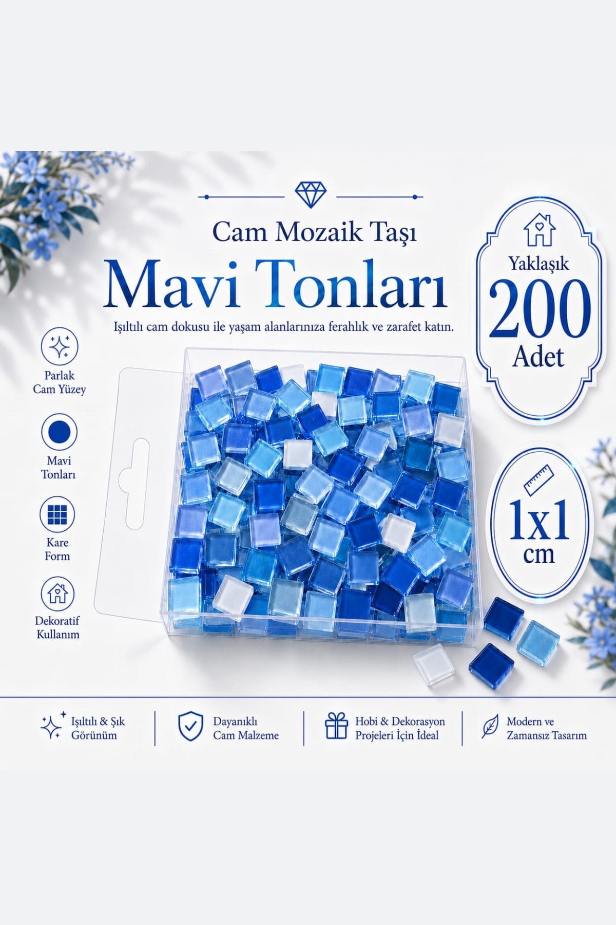 Cam Mozaik Taşı 1*1cm 200 Adet Karışık Renkler