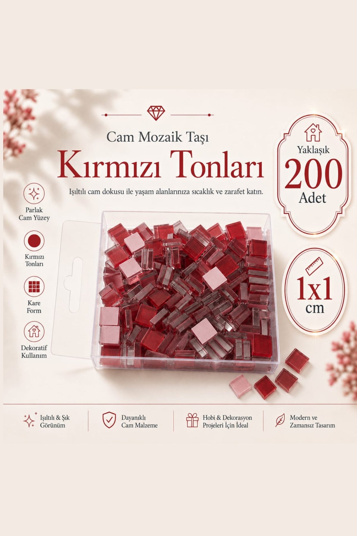 Cam Mozaik Taşı 1*1cm 200 Adet Karışık Renkler