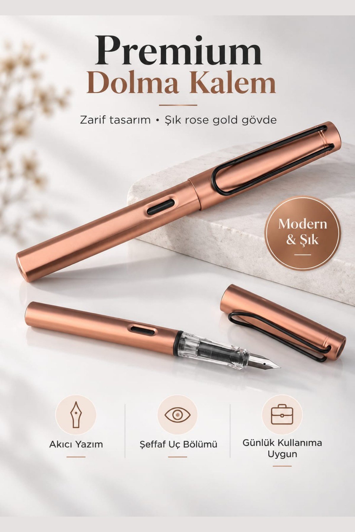 Dolma Kalem F Uç Piston Mekanizma  Roze Gold Gövde