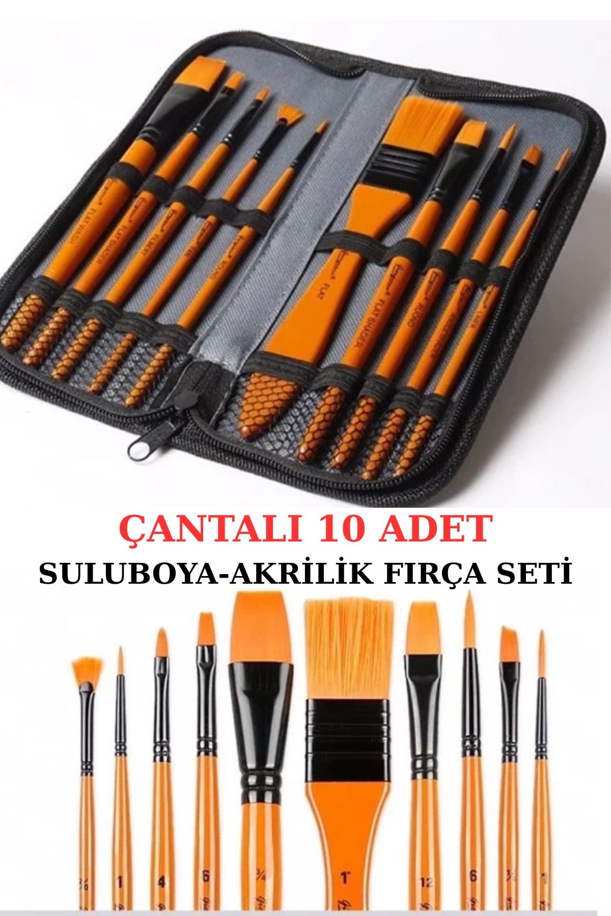Fermuarlı Çantalı 10 Adet Fırça Seti (Blisterli) Kaliteli Sentetik Kıl