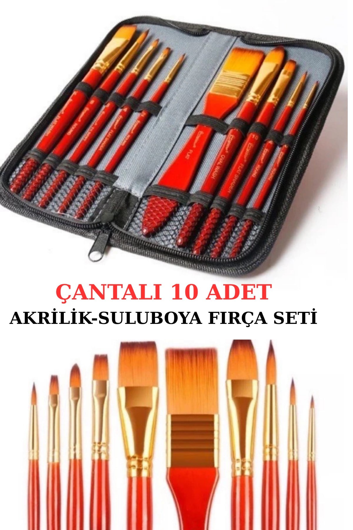 Fermuarlı Çantalı 10 Adet Fırça Seti (Blisterli) Kaliteli Sentetik Kıl