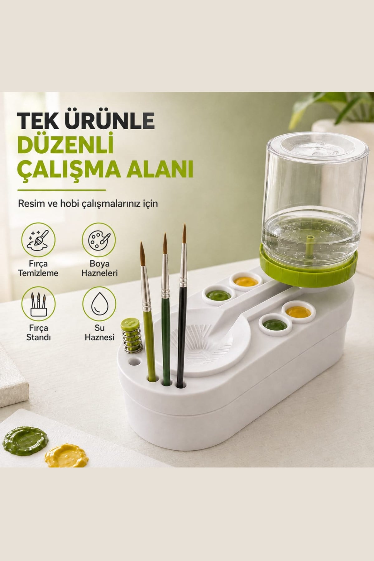 Fırça Temizleme Kabı- Suluboya paletli, Fırça Tutuculu ve Su hazneli