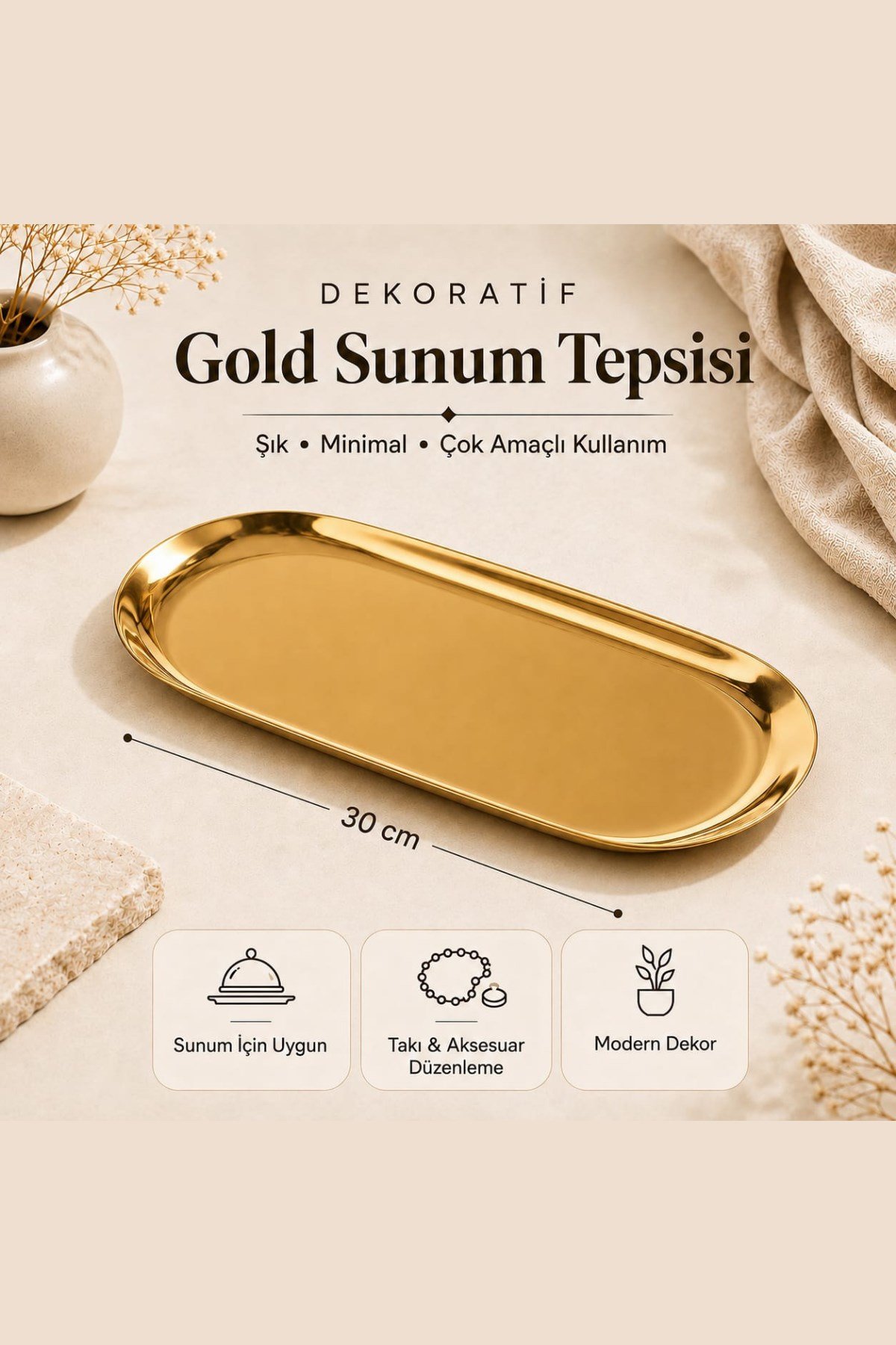 Gold Dekoratif Sunum Tepsisi 30cm 1 Adet