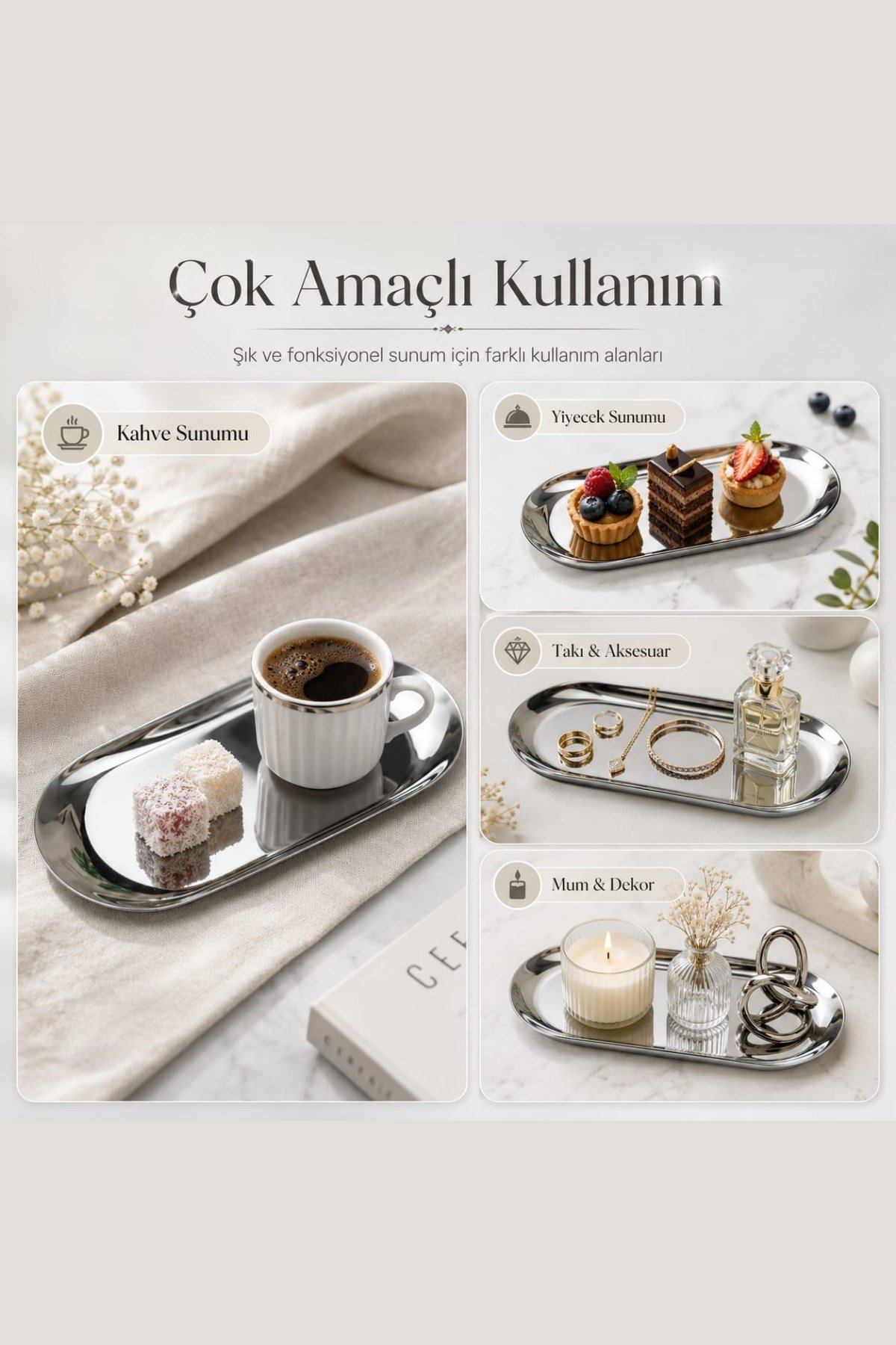 Gümüş Dekoratif Sunum Tepsisi 23 cm 1 Adet