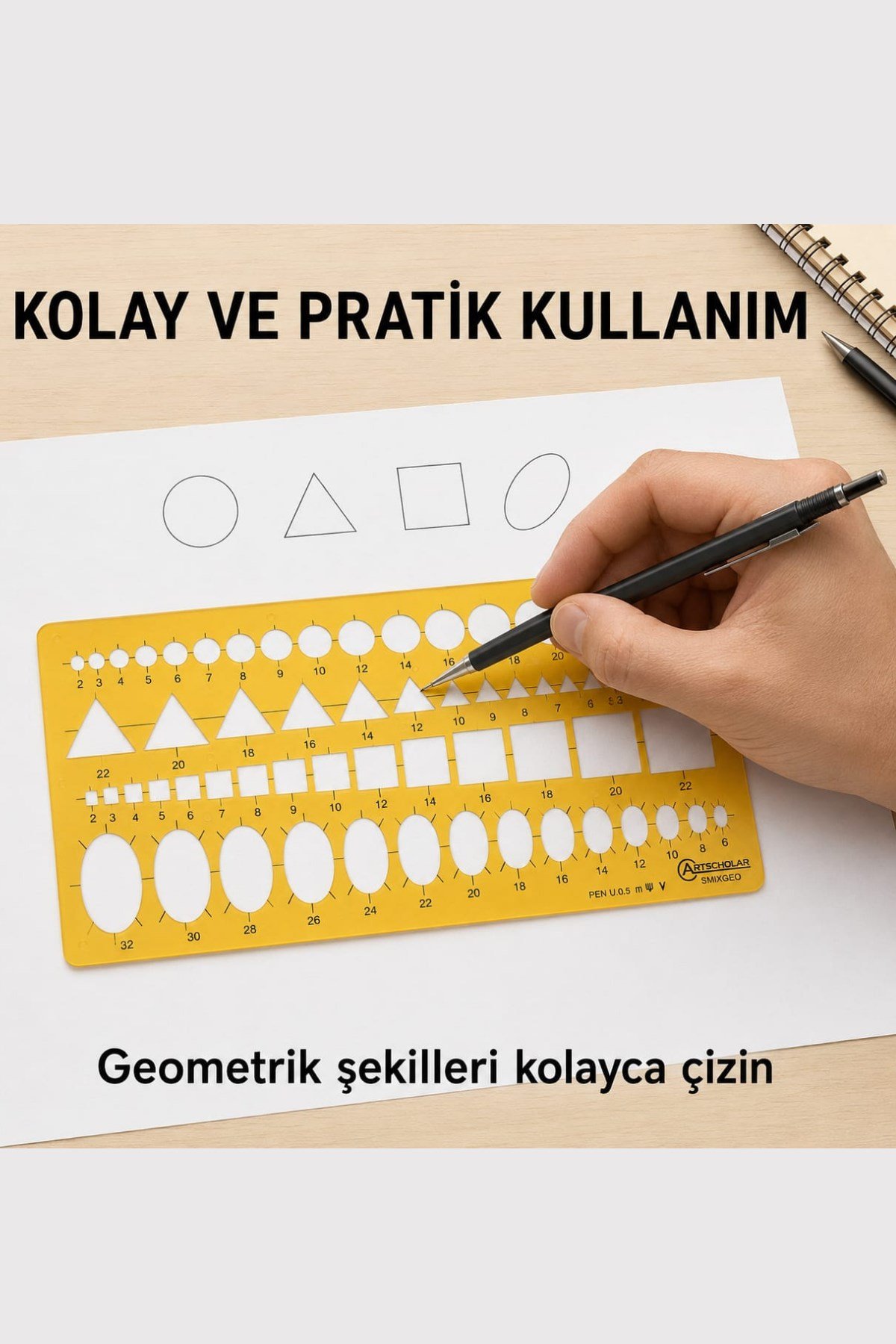 Karışık Geometrik Şekiller Çizim Şablonu (Daire,Üçgen,Kare,Elips) 24*12cm