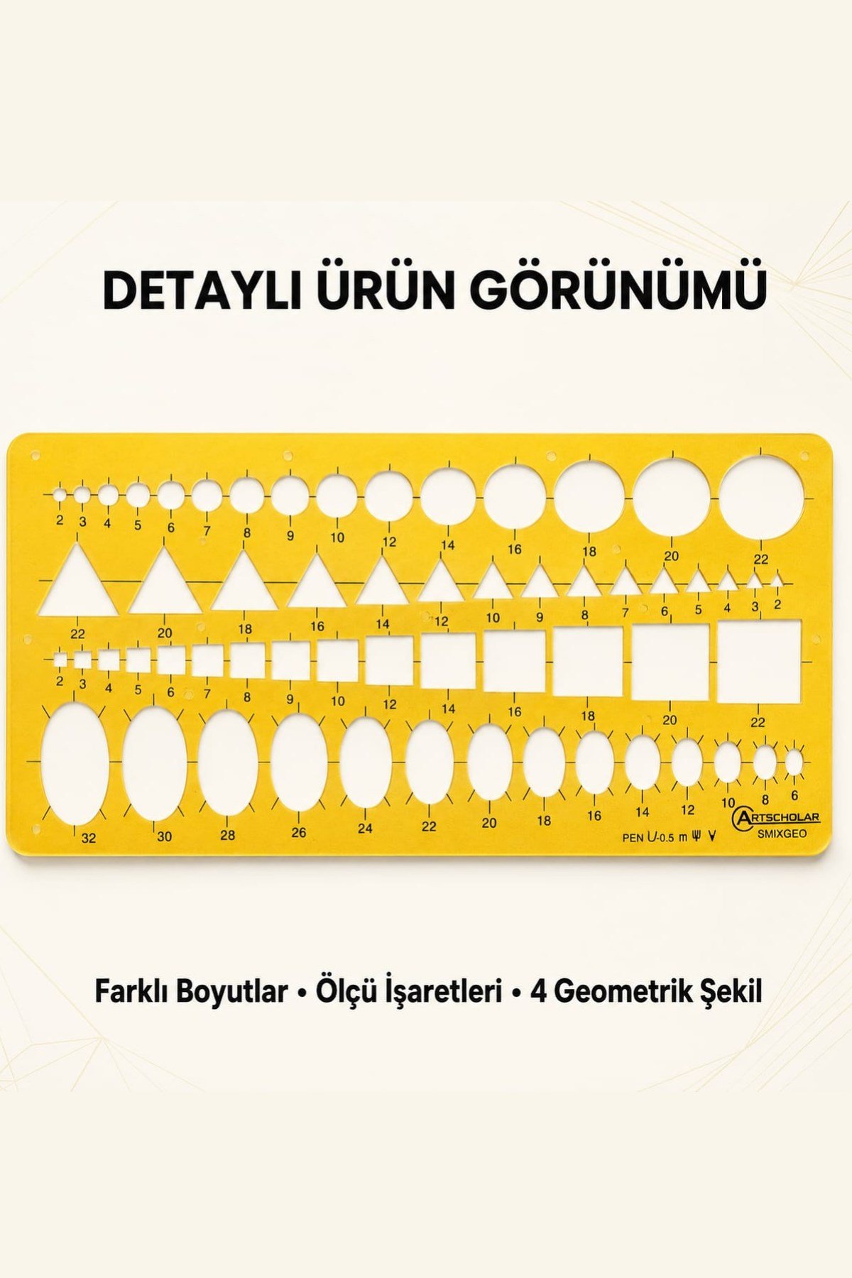 Karışık Geometrik Şekiller Çizim Şablonu (Daire,Üçgen,Kare,Elips) 24*12cm