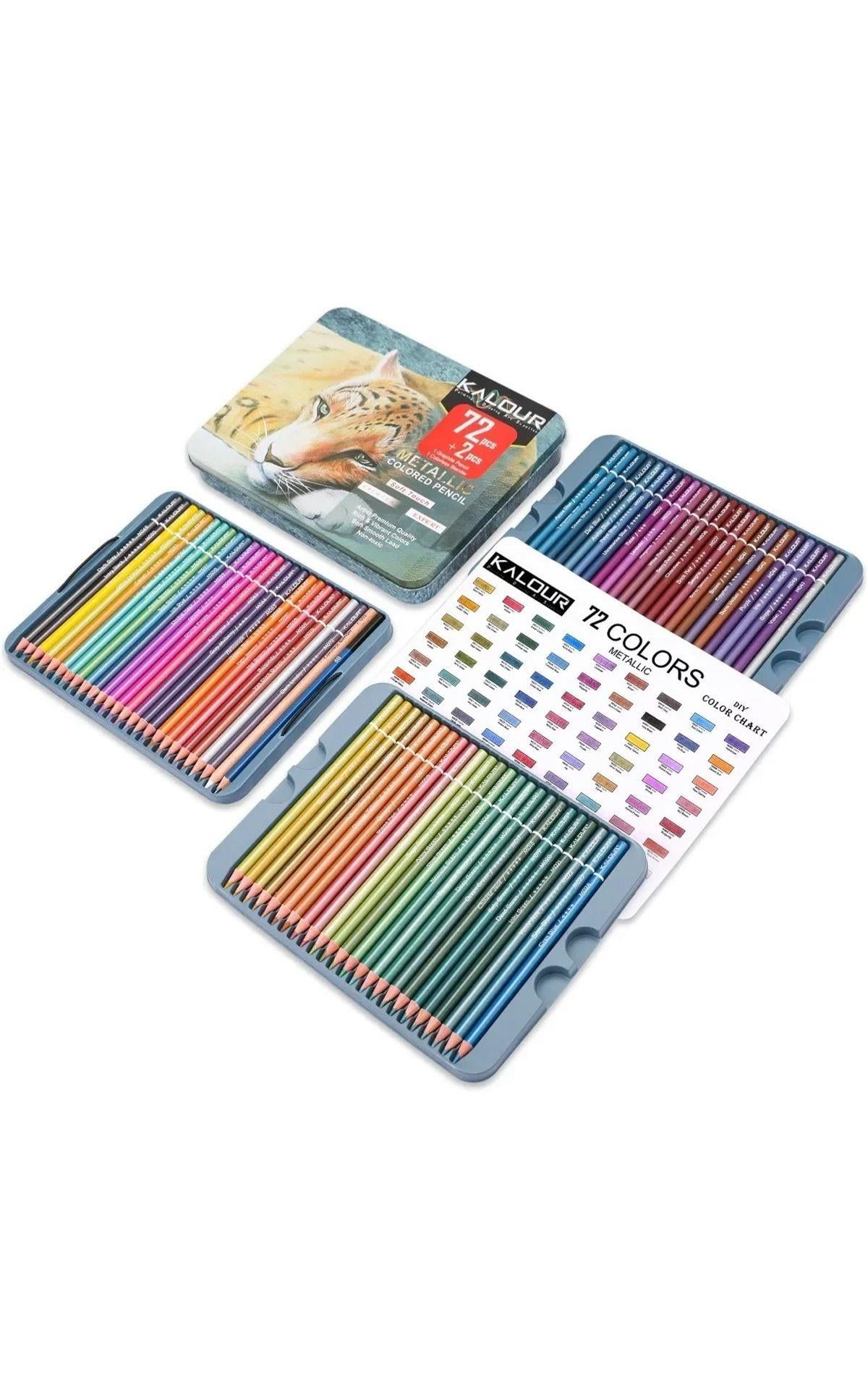 Metalik Kuru Boya Kalem Seti 72 Renk, Metal Kutulu (Defter+Blender Kalem Hediyeli)