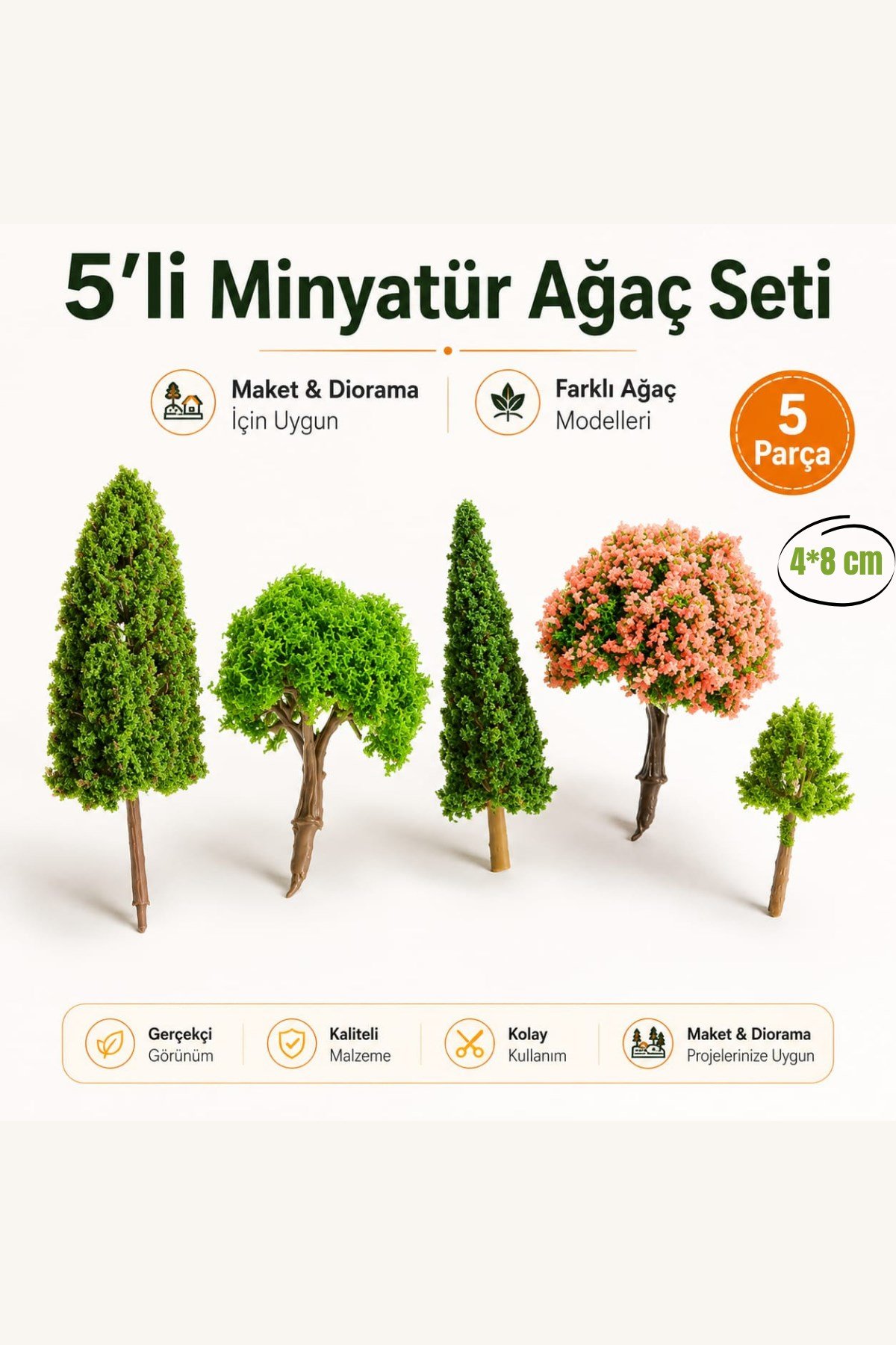 Mimari Maket Ağaç 5'li Set (4-8cm ebatlarında) Minyatür Model Ağaç