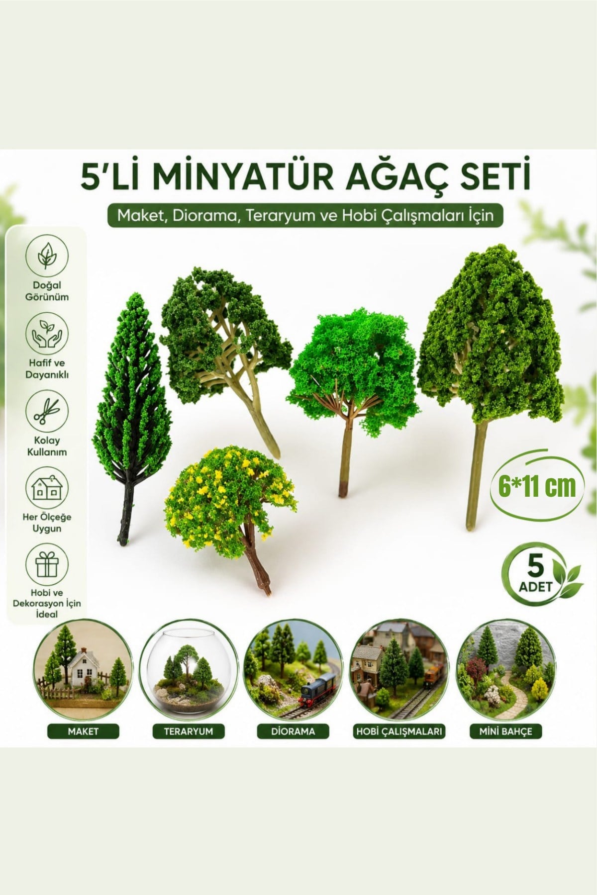 Mimari Maket Ağaç 5'li Set (6-11 cm ebatlarında) Minyatür Model Ağaç